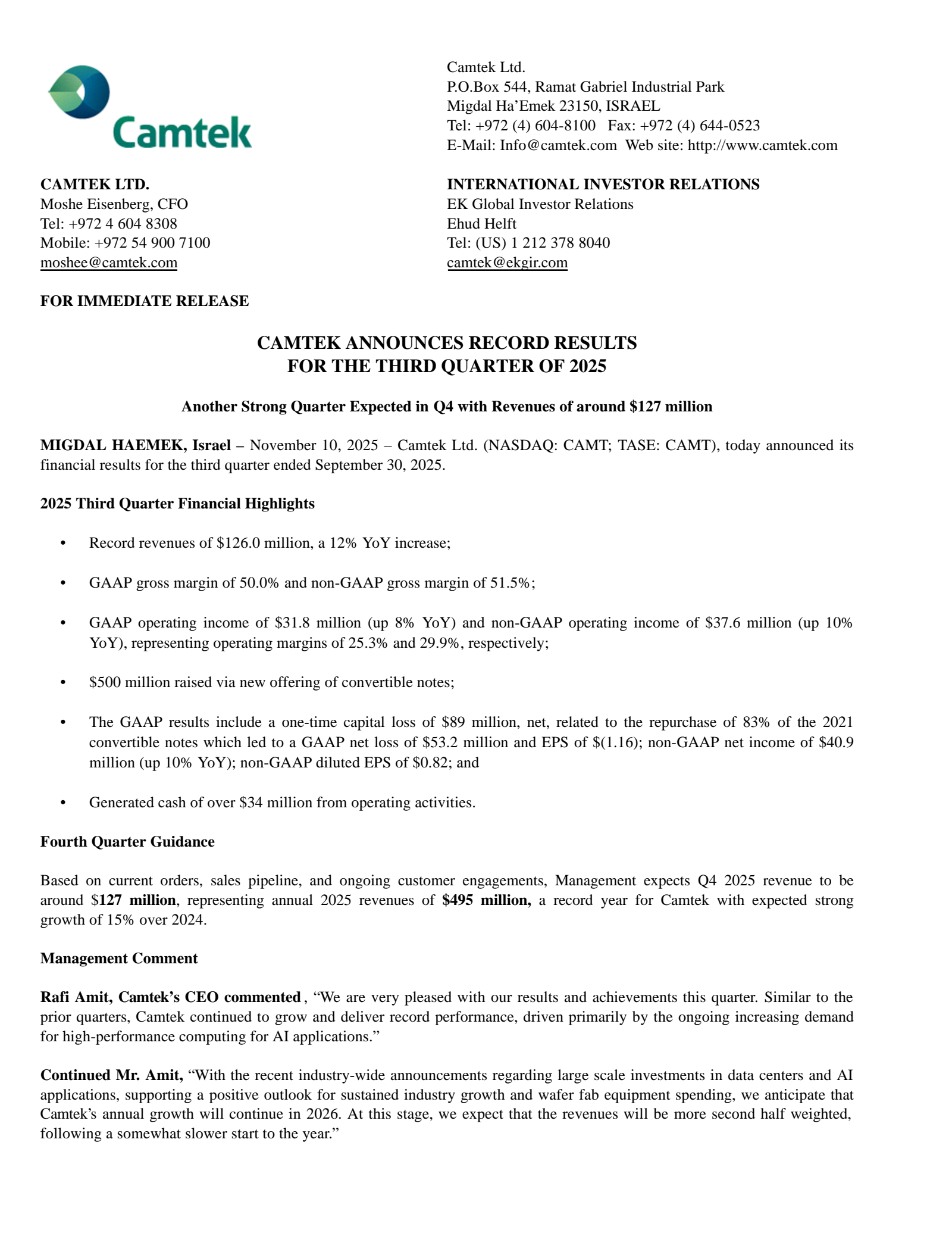 Camtek's Q3 2025 Earnings Release