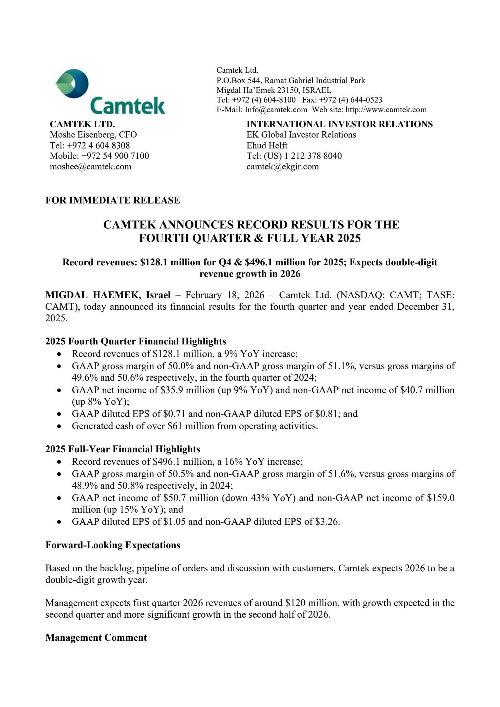 Camtek's Q4 2025 Press Release