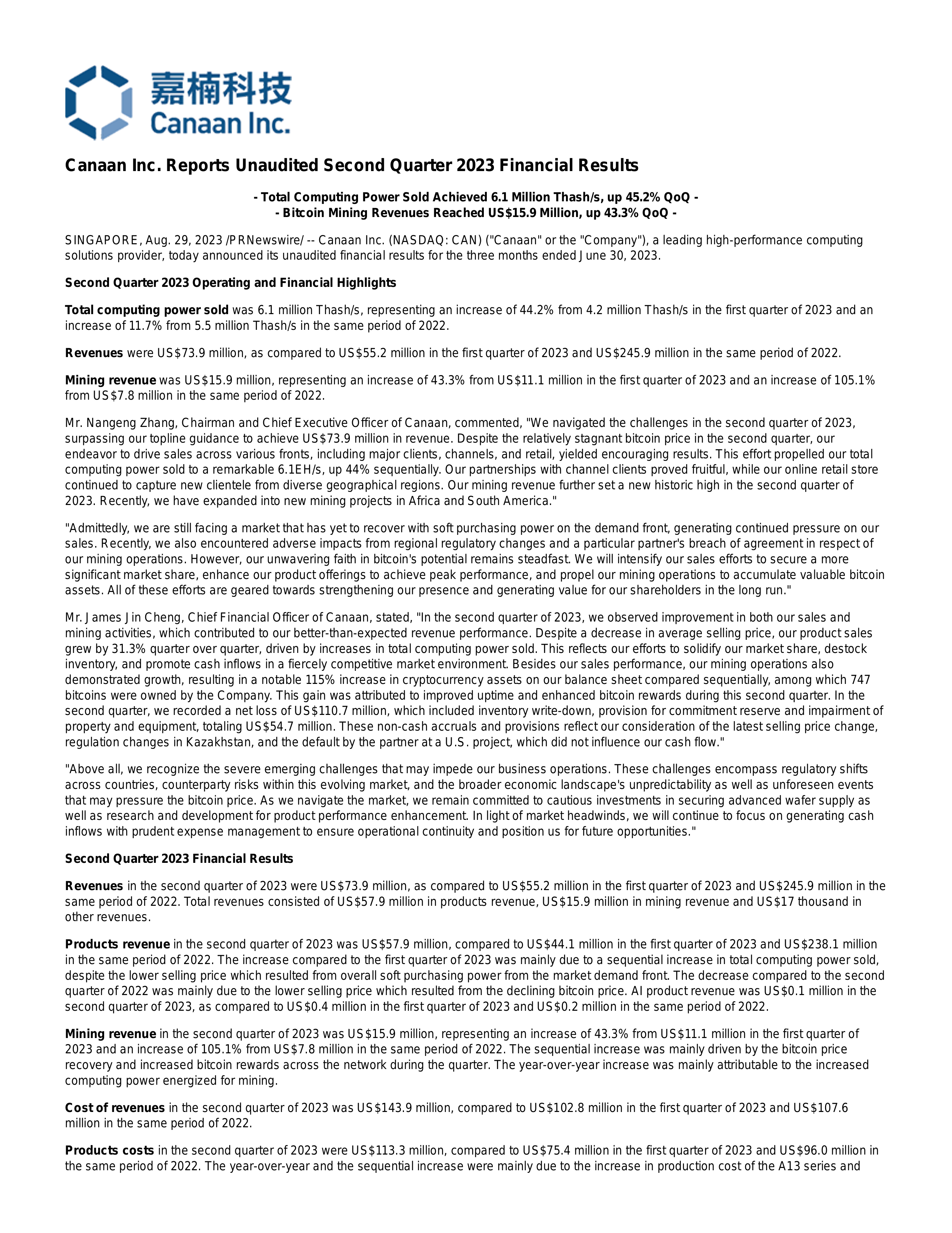 Canaan's Q2 2023 Press Release