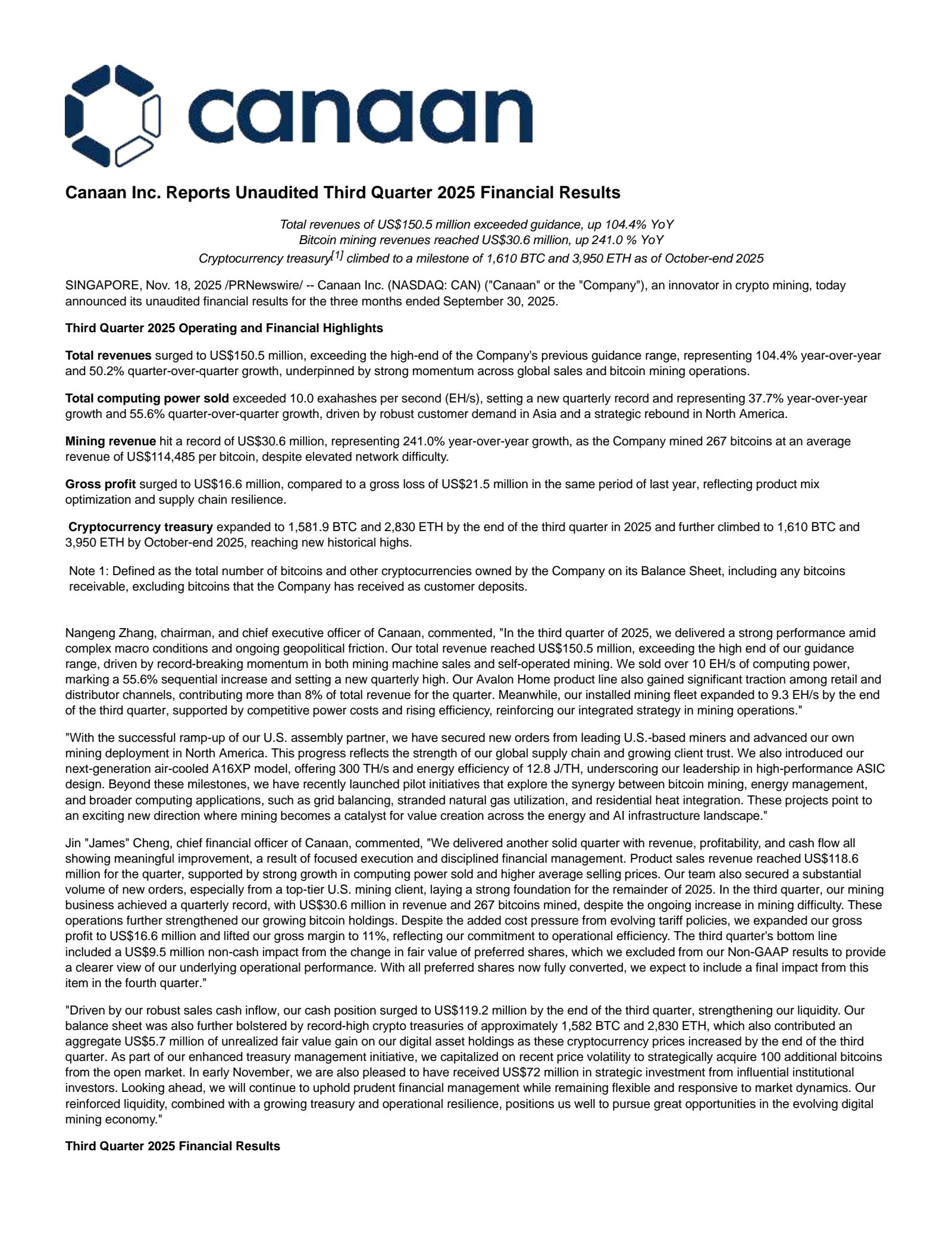 Canaan's Q3 2025 Earnings Release