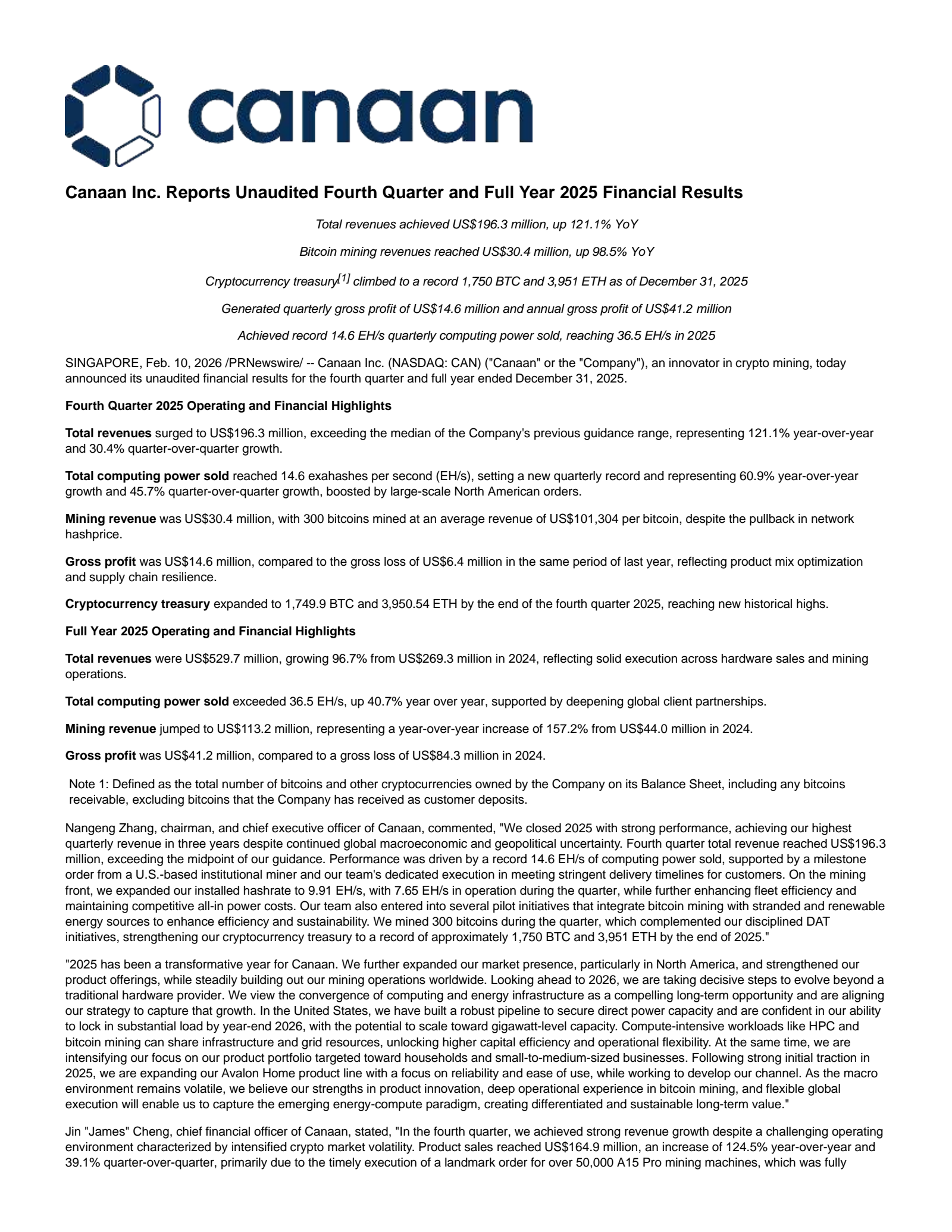 Canaan's Q4 2025 Press Release