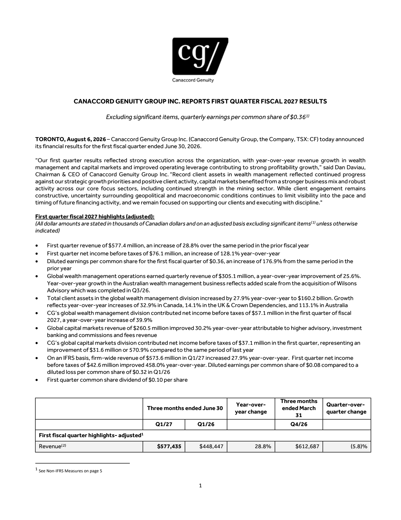 Canaccord Genuity Group's Q1 2027 Press Release