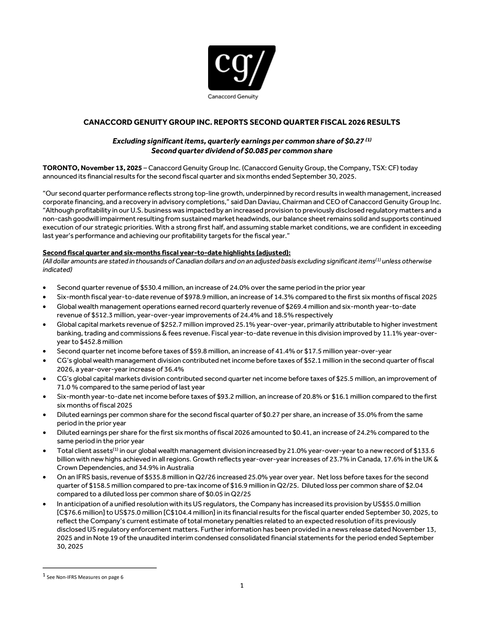 Canaccord Genuity Group's Q2 2026 Earnings Release