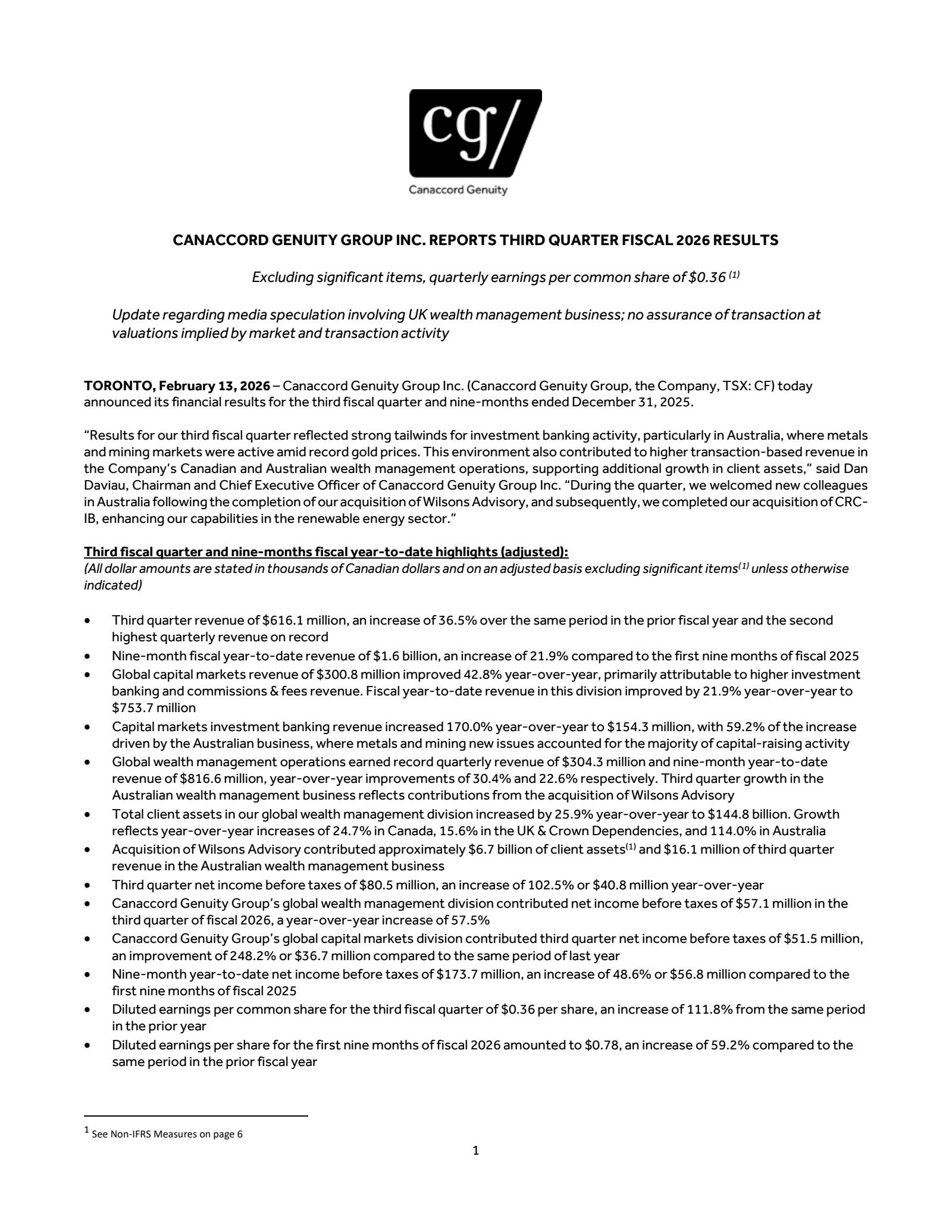 Canaccord Genuity Group's Q3 2026 Press Release