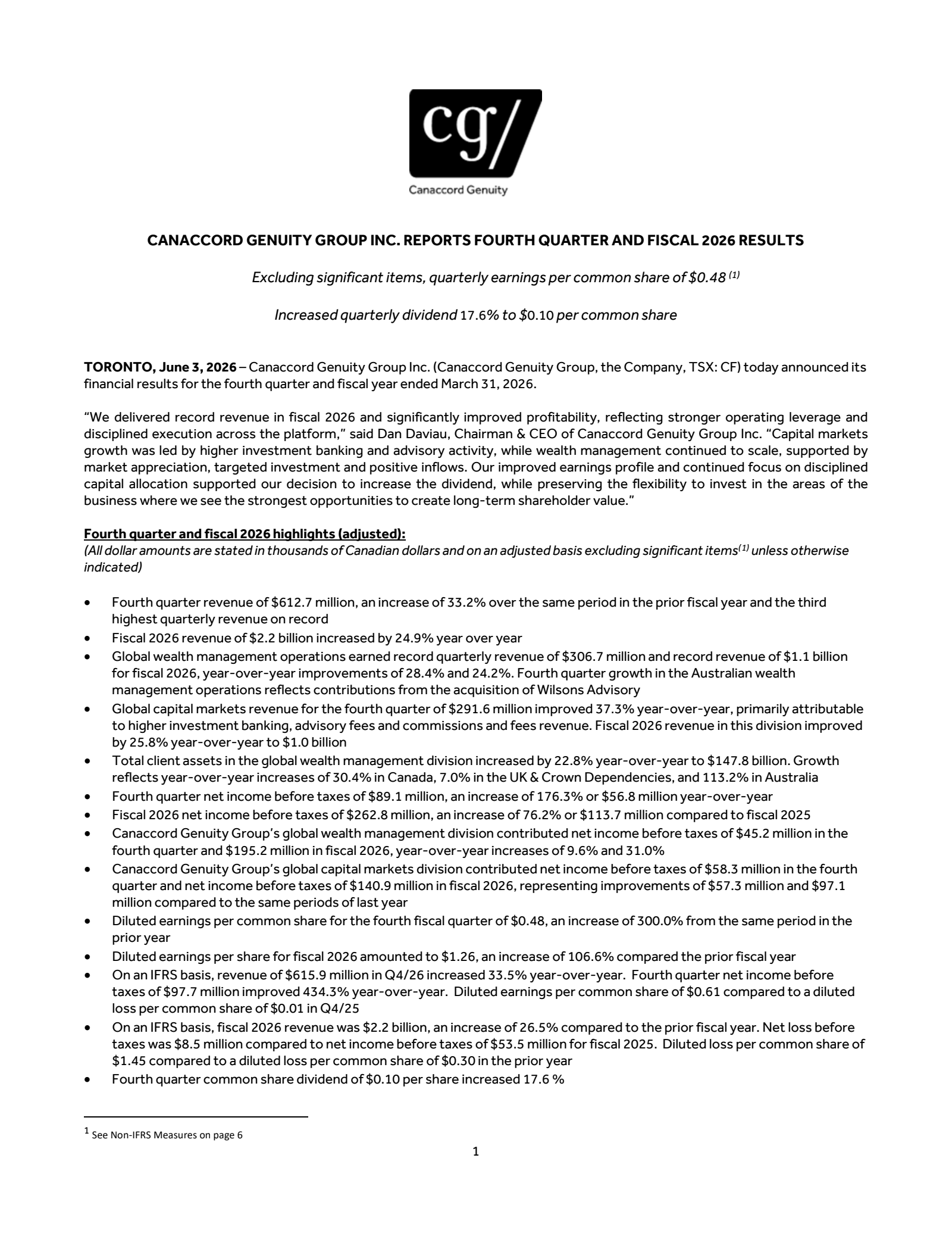 Canaccord Genuity Group's Q4 2026 Press Release