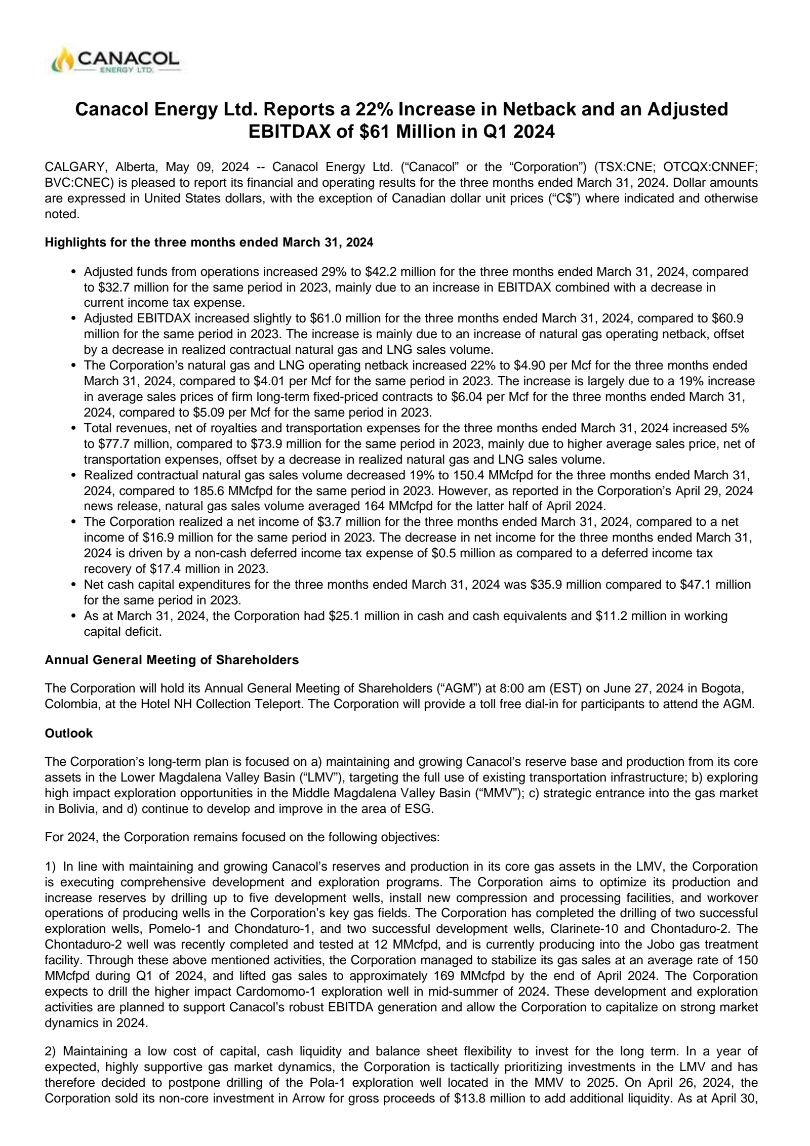 Canacol Energy's Q1 2024 Press Release