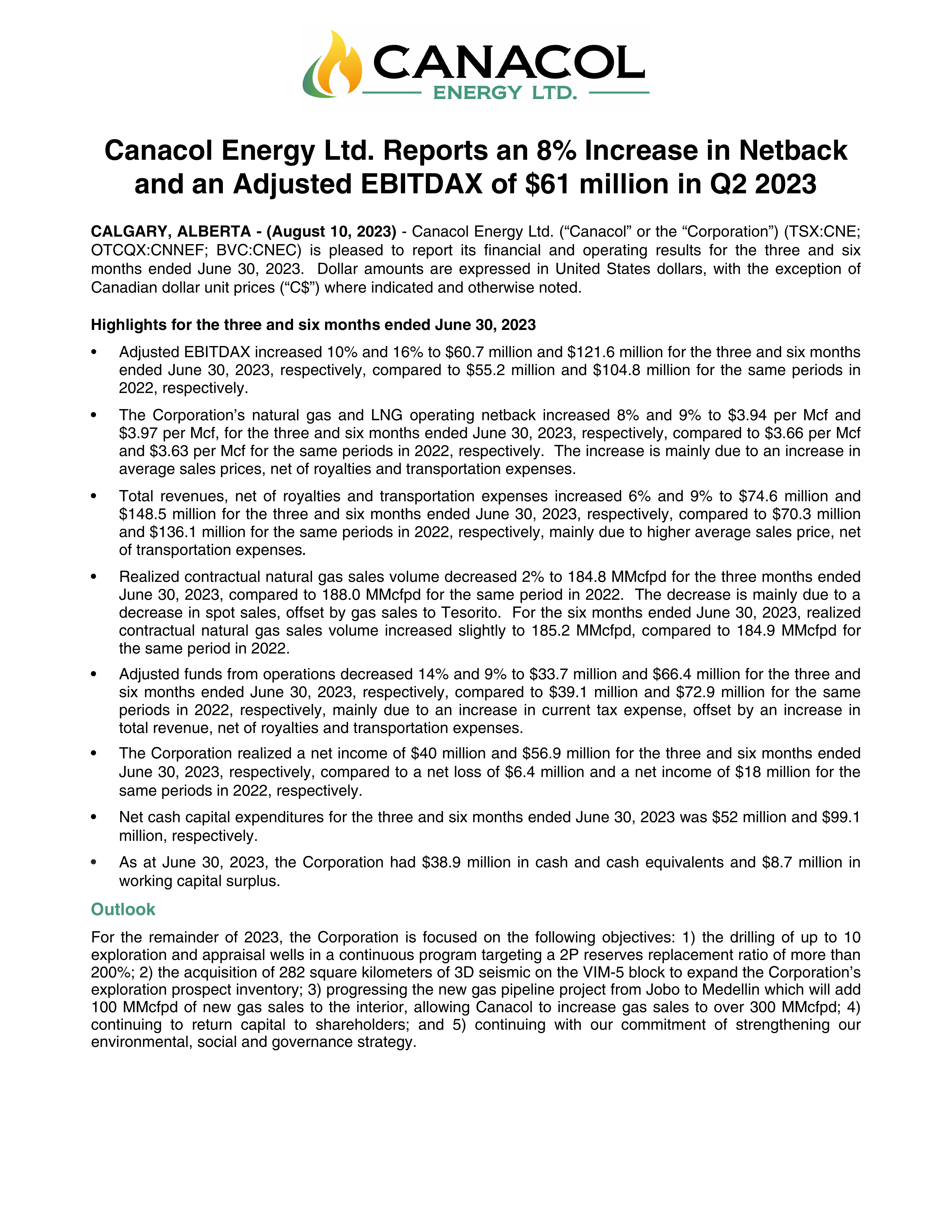 Canacol Energy's Q2 2023 Interim report