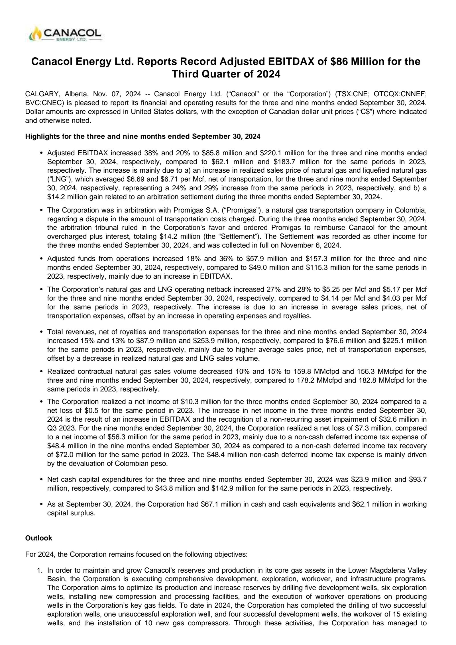 Canacol Energy's Q3 2024 Press Release
