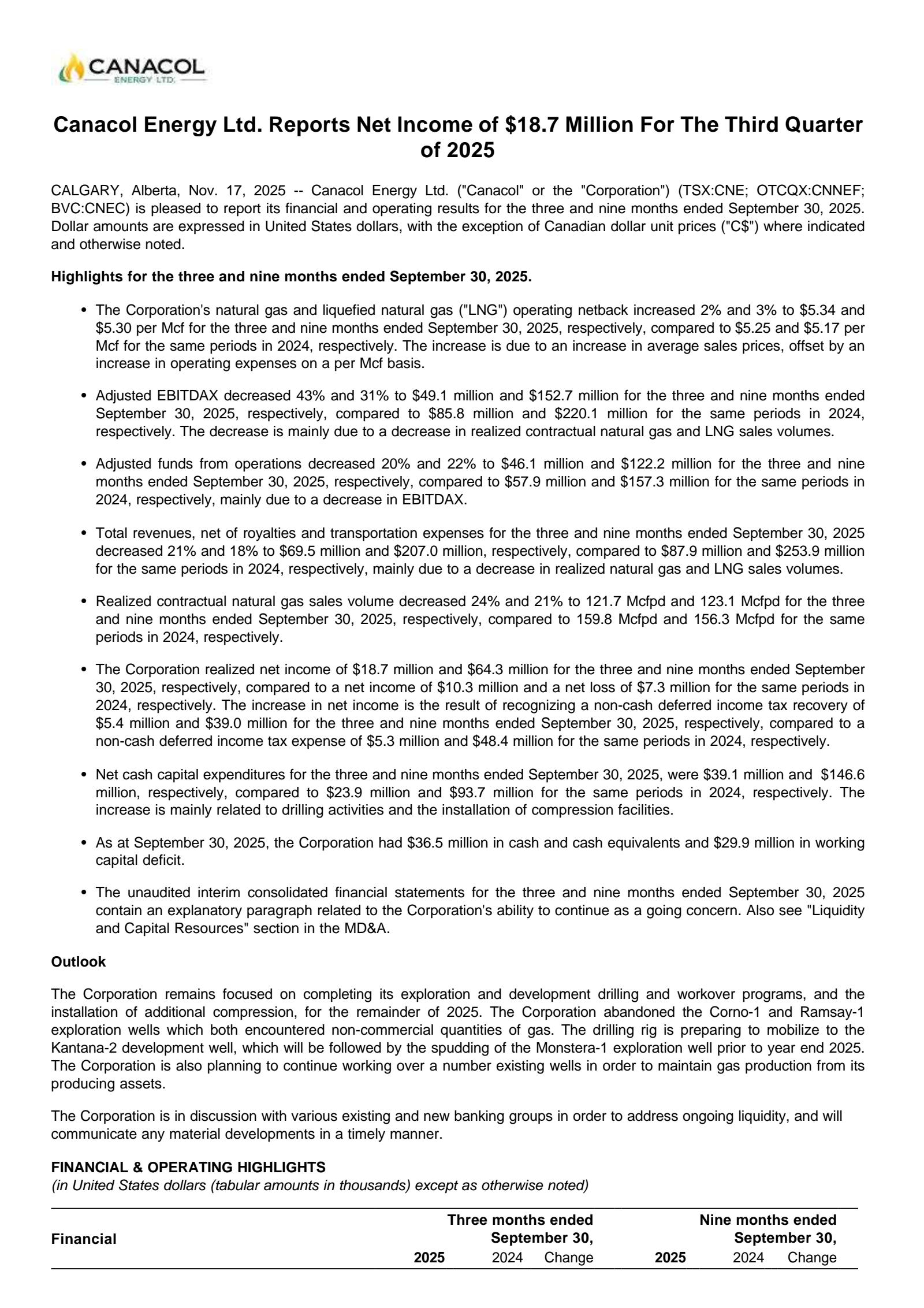 Canacol Energy's Q3 2025 Earnings Release