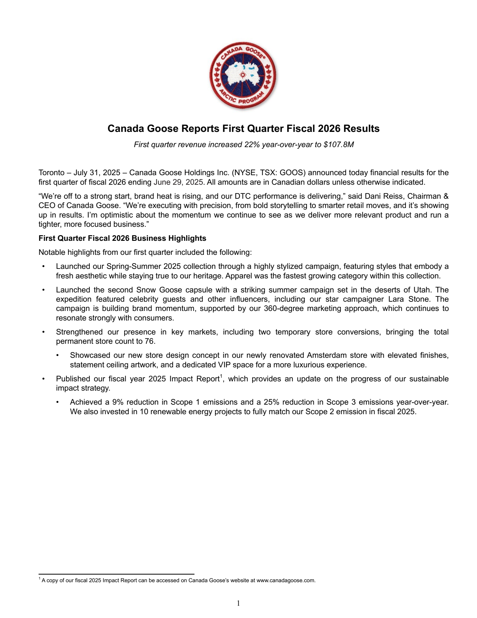 Canada Goose's Q1 2026 Press Release