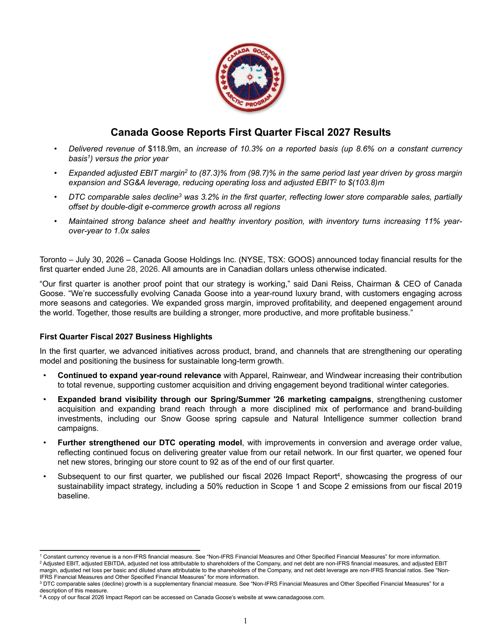 Canada Goose's Q1 2027 Press Release