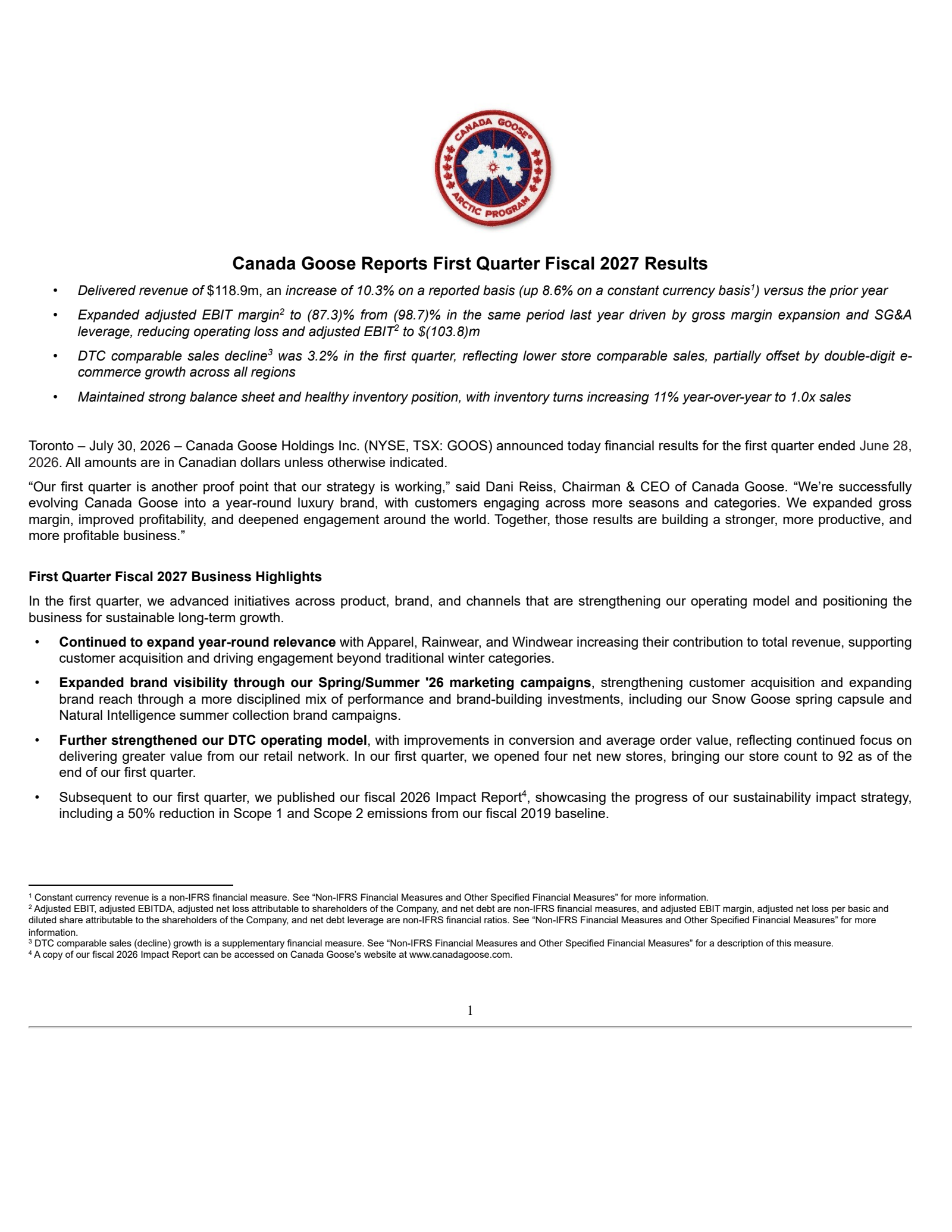 Canada Goose's Q1 2027 Press Release
