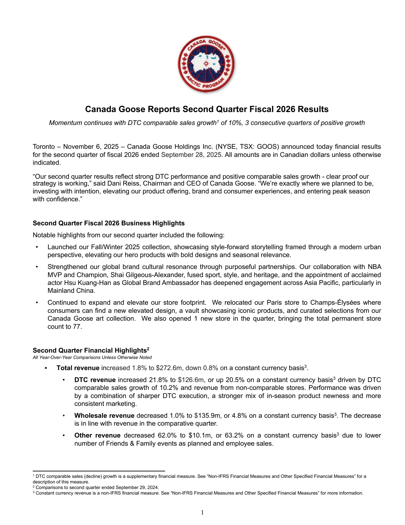 Canada Goose's Q2 2026 Earnings Release