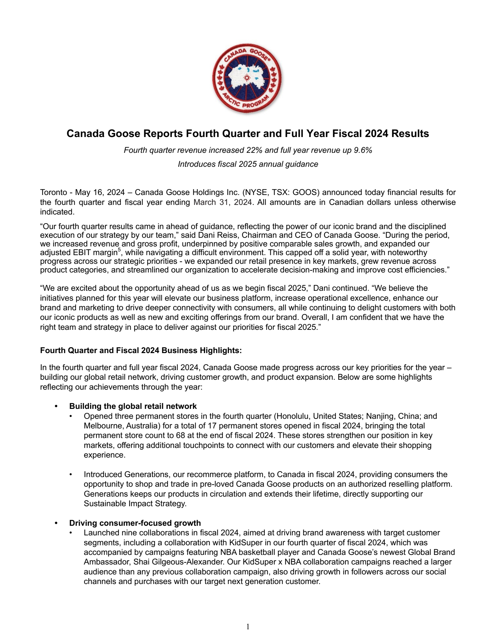 Canada Goose's Q4 2024 Press Release