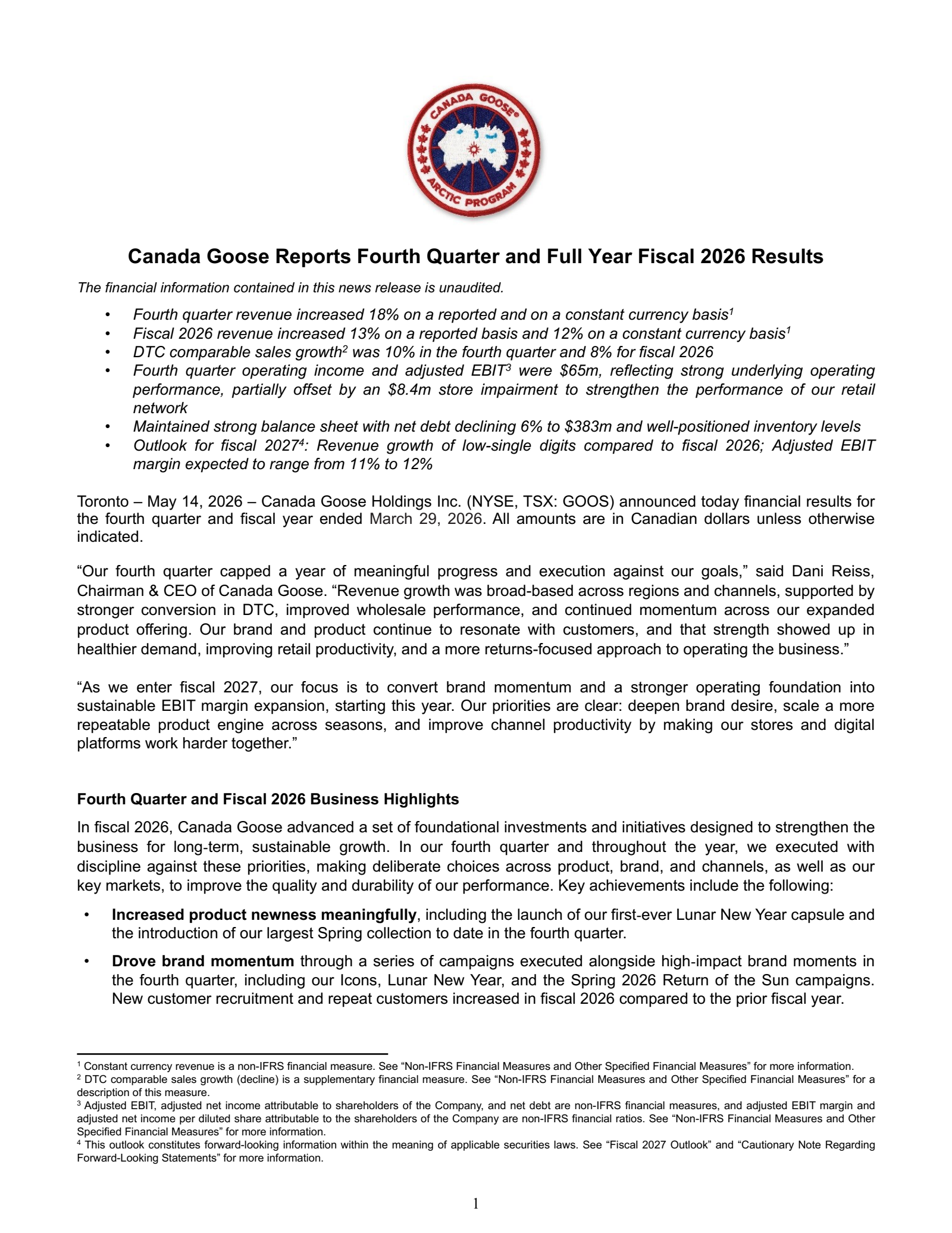 Canada Goose's Q4 2026 Press Release