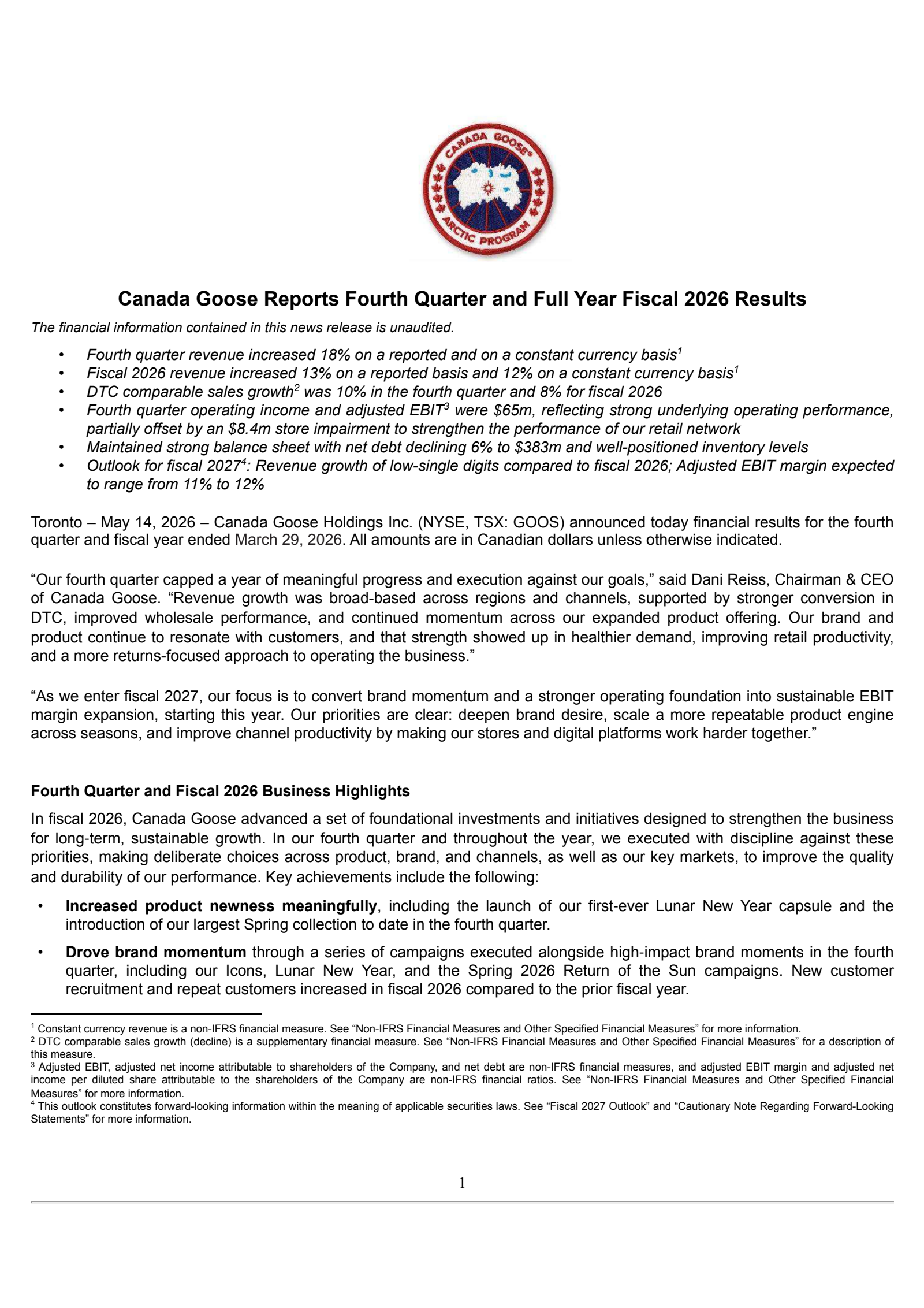 Canada Goose's Q4 2026 Press Release