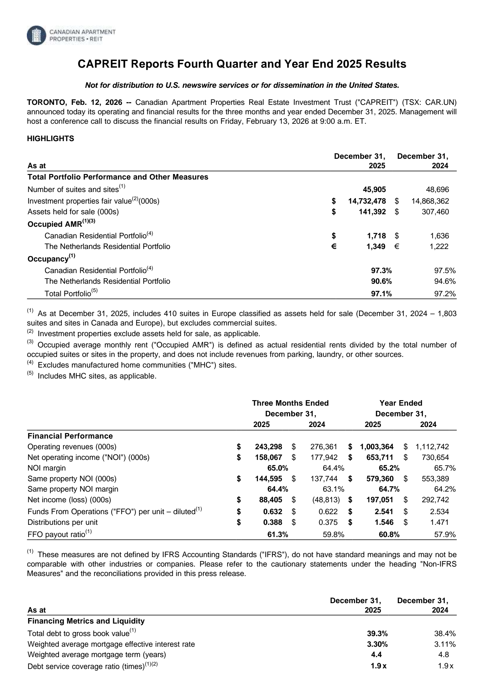Canadian Apartment Properties REIT's Q4 2025 Press Release