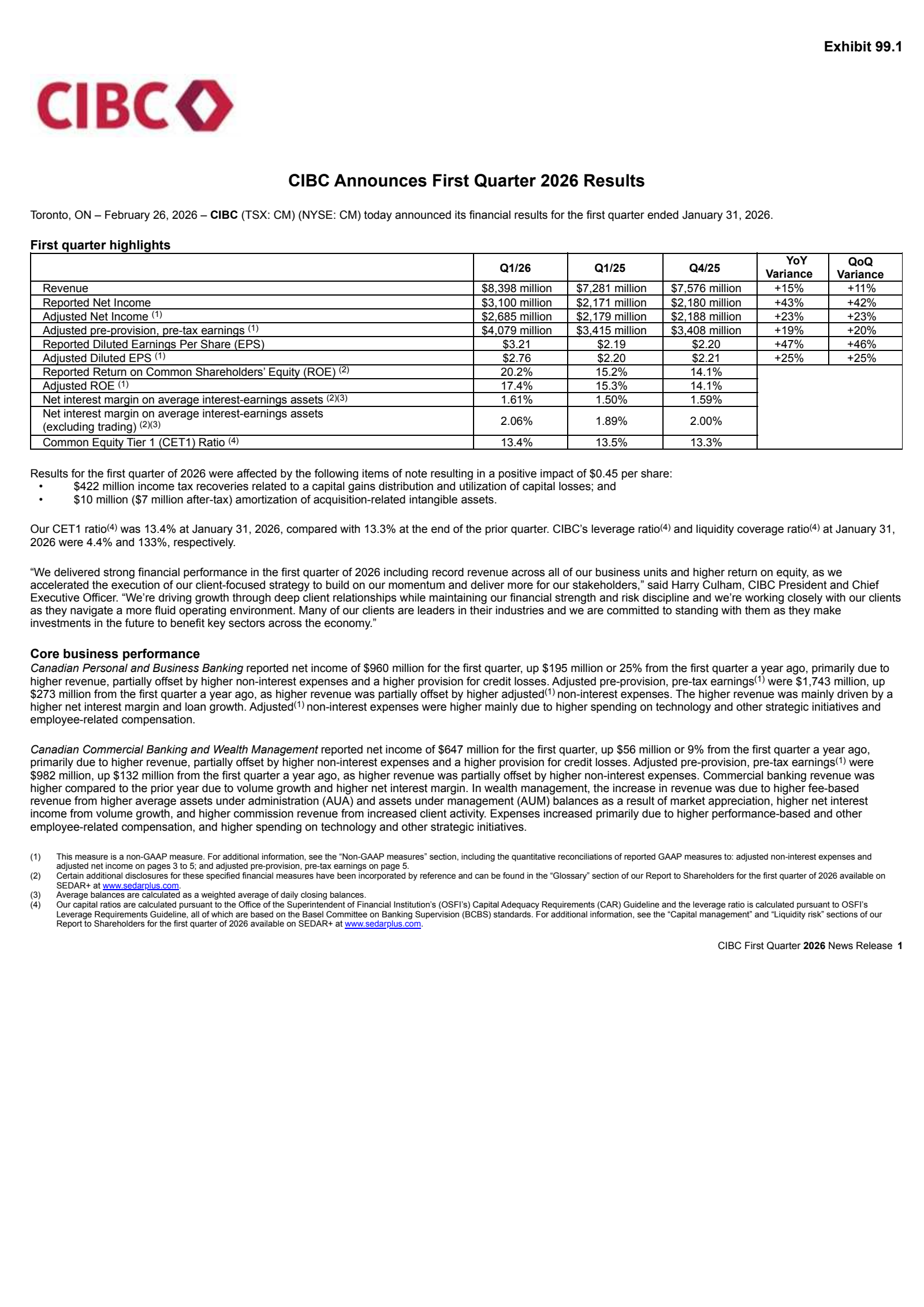 Canadian Imperial Bank of Commerce's Q1 2026 Press Release