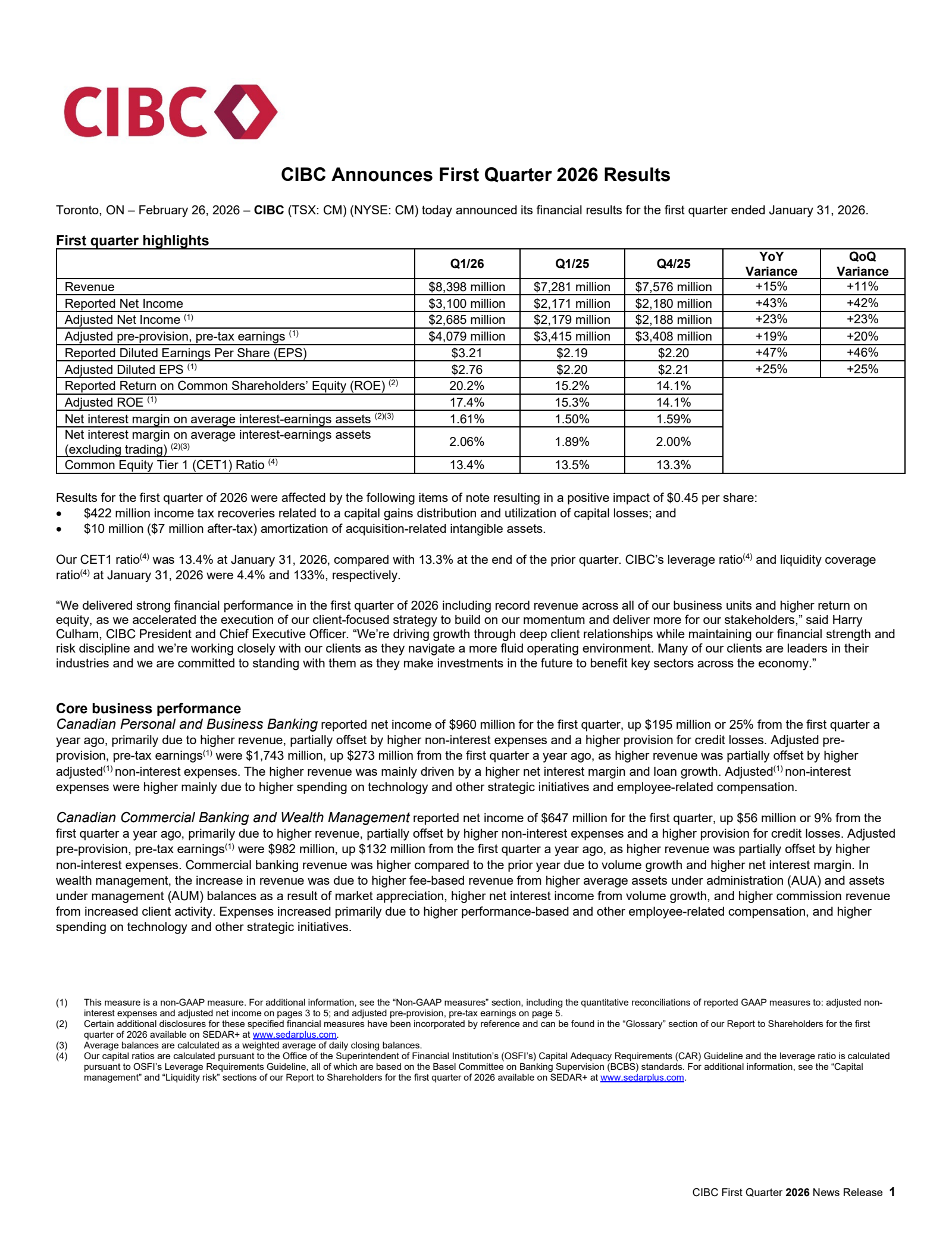 Canadian Imperial Bank of Commerce's Q1 2026 Press Release
