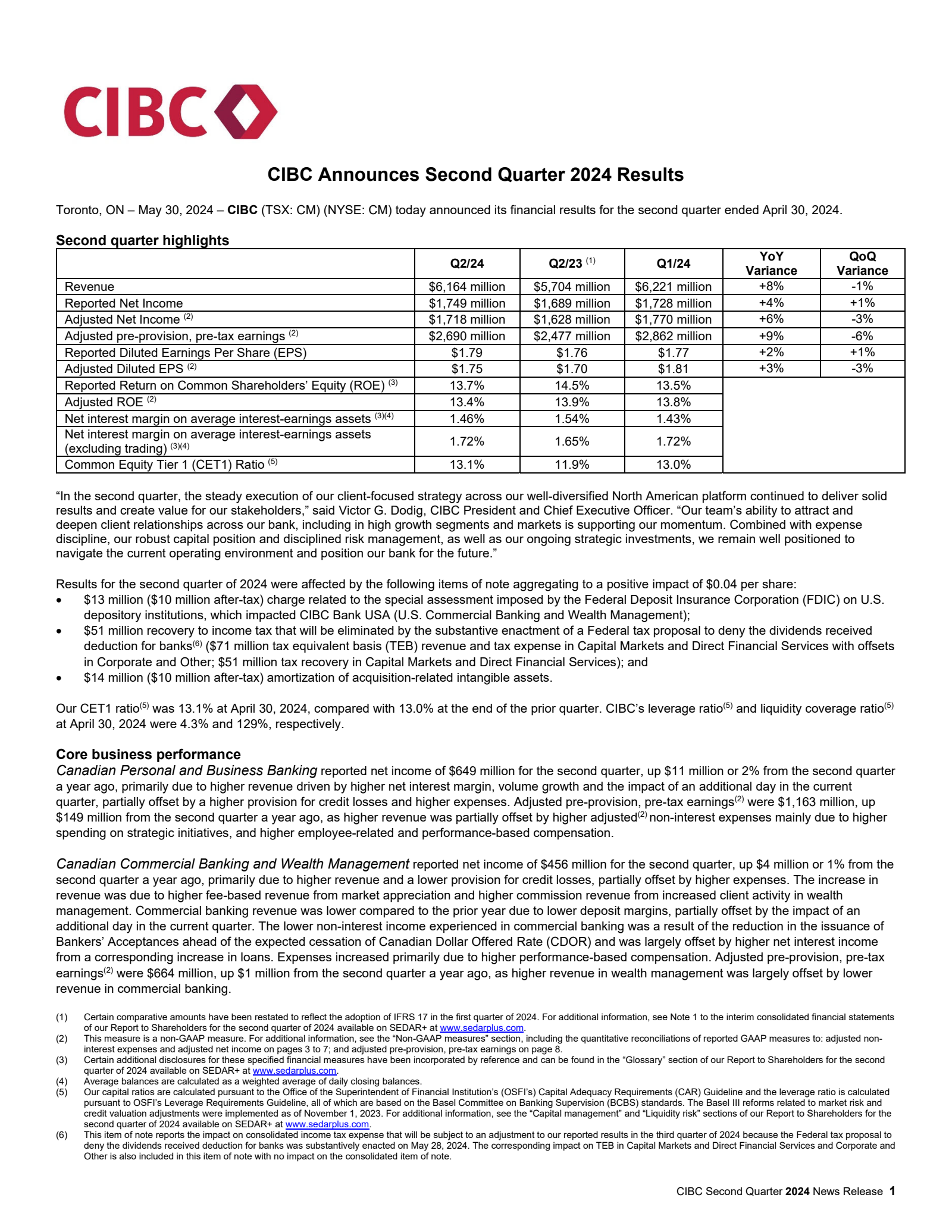 Canadian Imperial Bank of Commerce's Q2 2024 Earnings Release