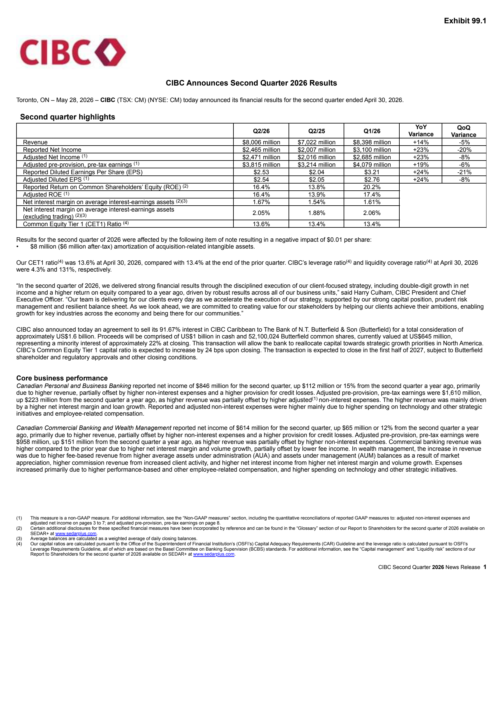 Canadian Imperial Bank of Commerce's Q2 2026 Press Release