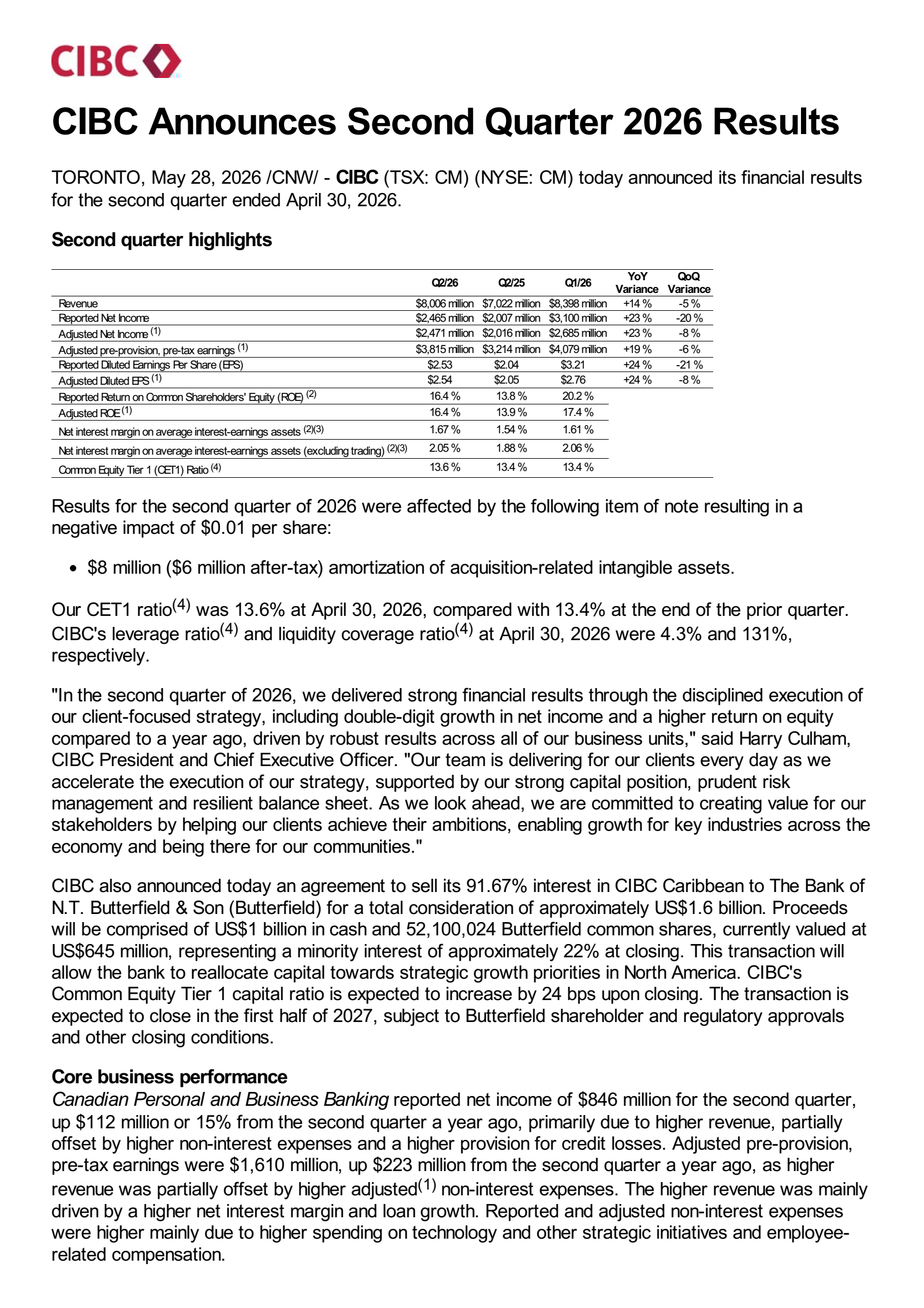 Canadian Imperial Bank of Commerce's Q2 2026 Press Release