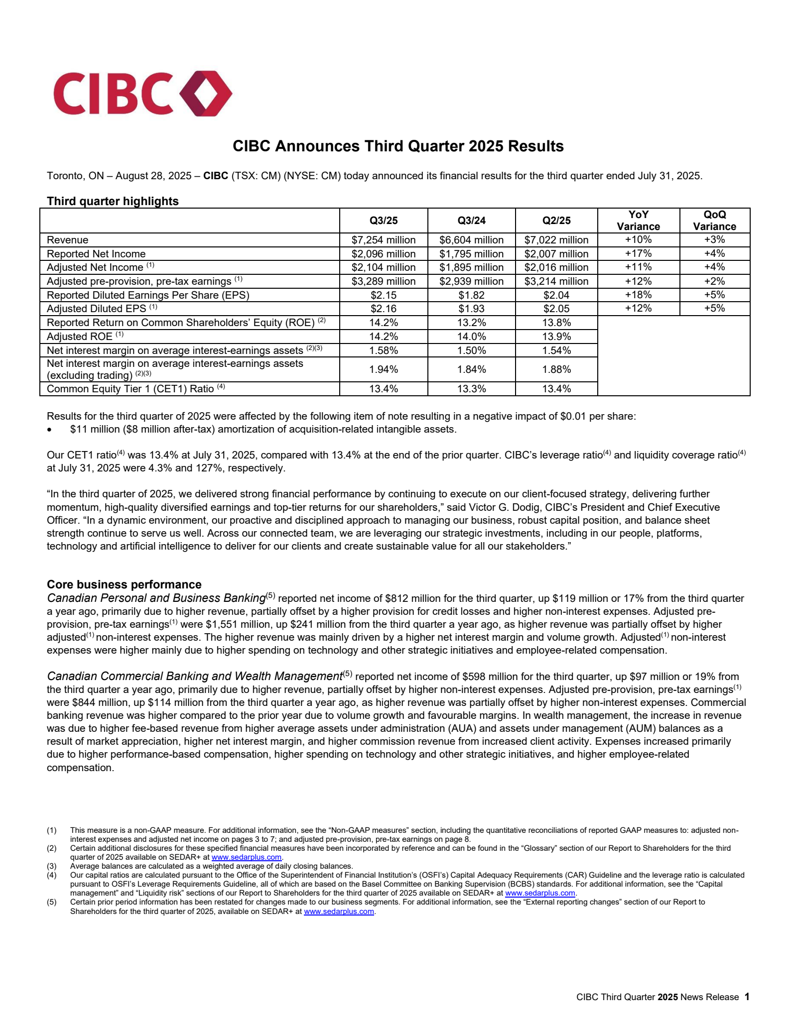 Canadian Imperial Bank of Commerce's Q3 2025 Press Release