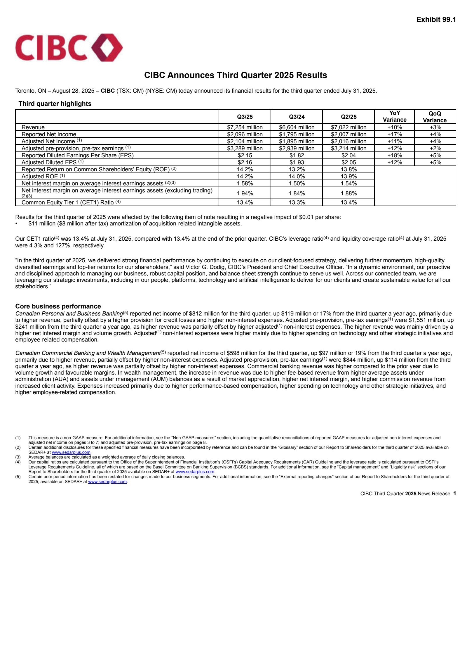Canadian Imperial Bank of Commerce's Q3 2025 Press Release