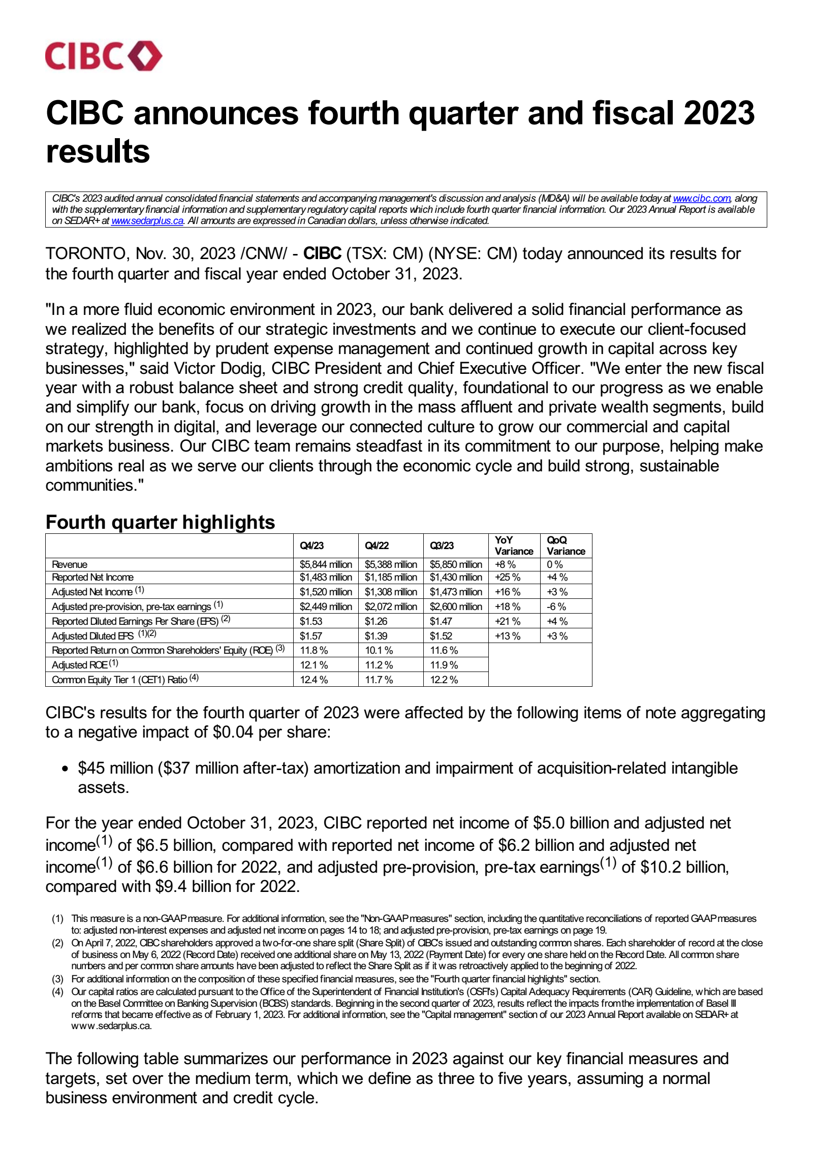 Canadian Imperial Bank of Commerce's Q4 2023 Press Release