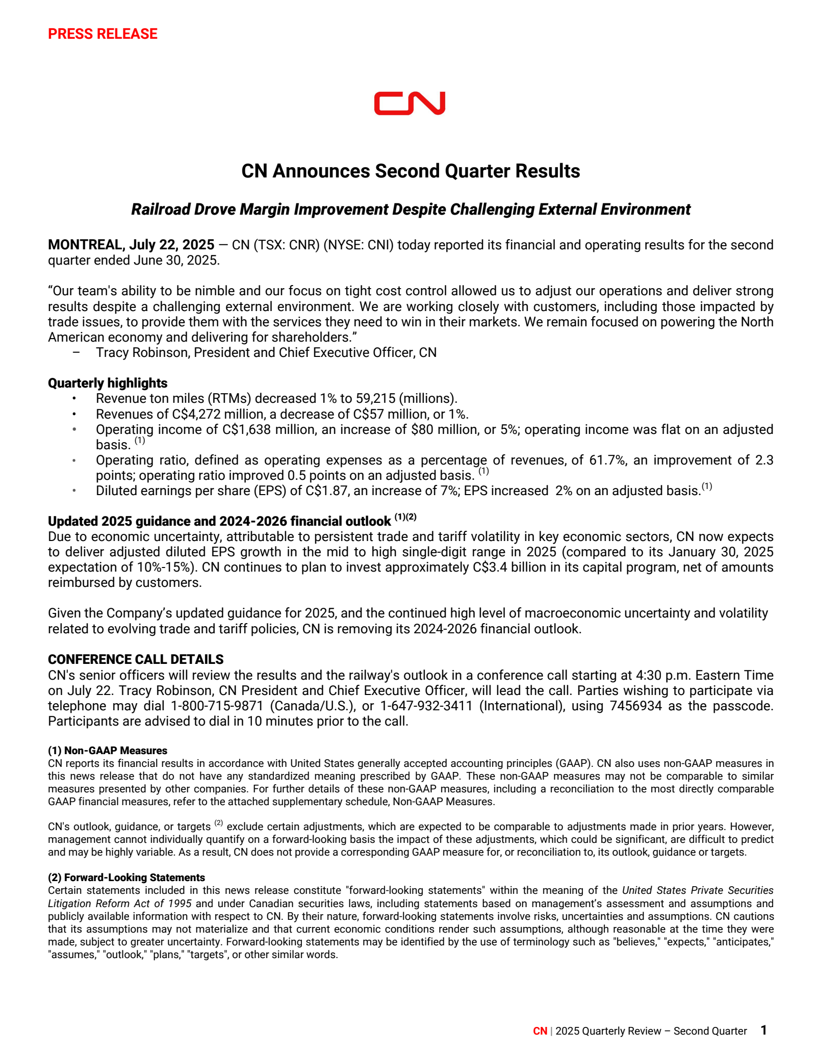 Canadian National Railway's Q2 2025 Press Release