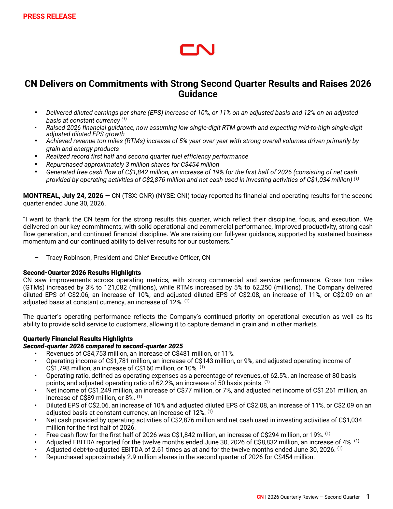 Canadian National Railway's Q2 2026 Press Release