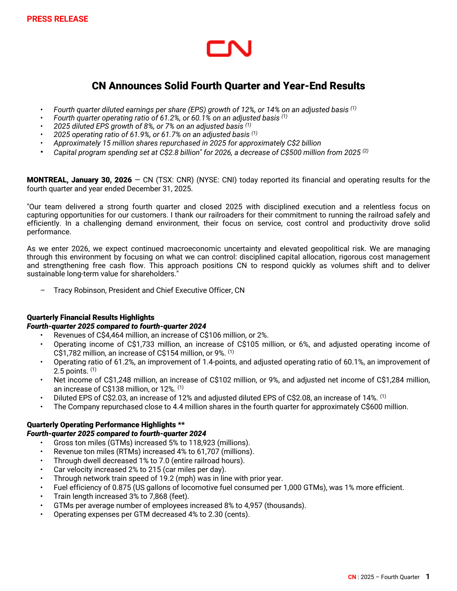Canadian National Railway's Q4 2025 Press Release
