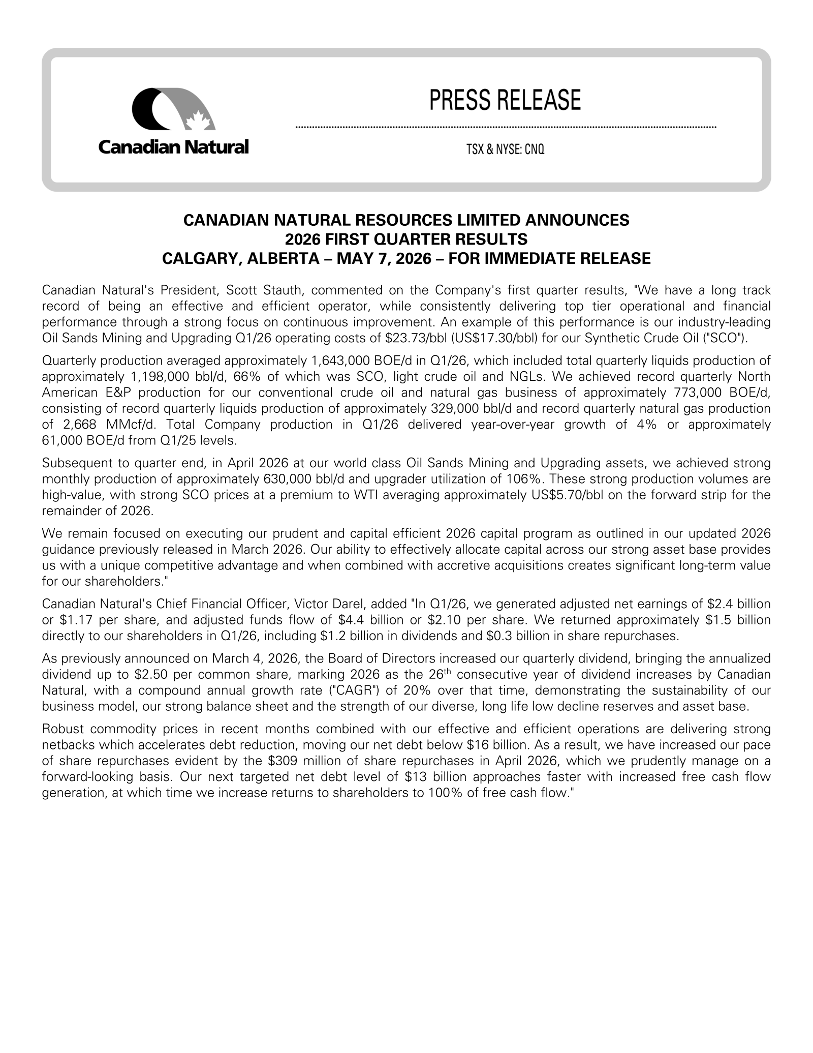 Canadian Natural Resources' Q1 2026 Press Release