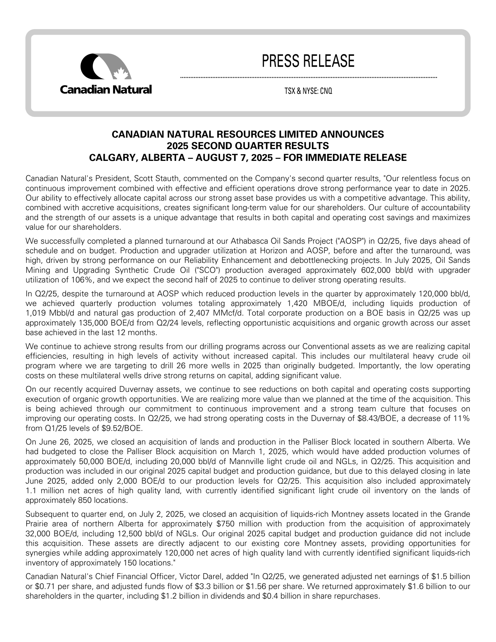 Canadian Natural Resources' Q2 2025 Press Release