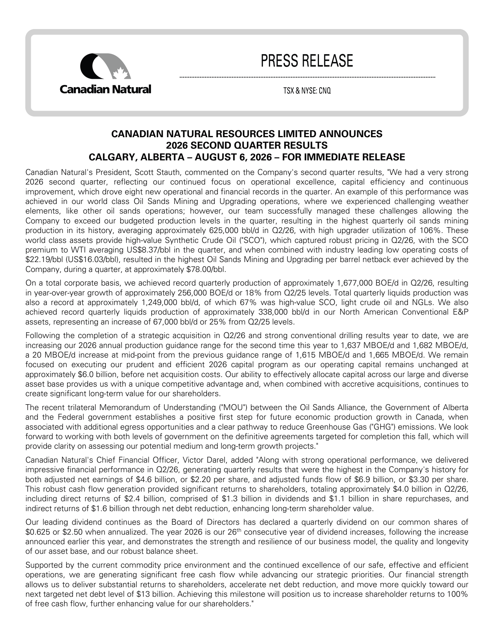 Canadian Natural Resources' Q2 2026 Press Release