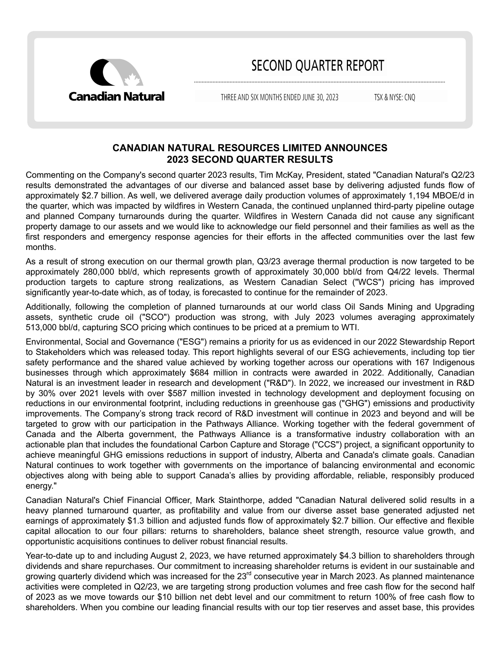 Canadian Natural Resources' Q3 2023 Earnings Release