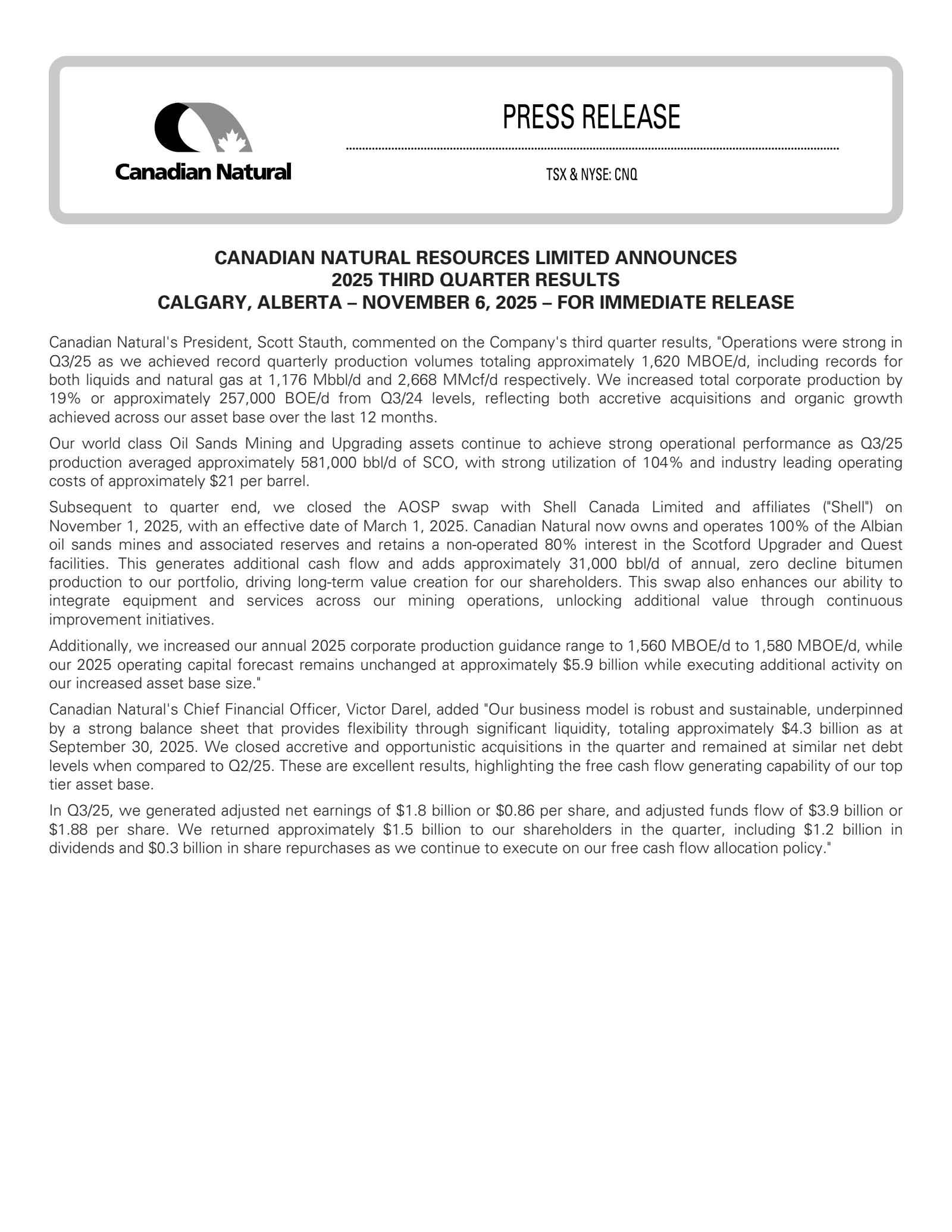 Canadian Natural Resources' Q3 2025 Earnings Release