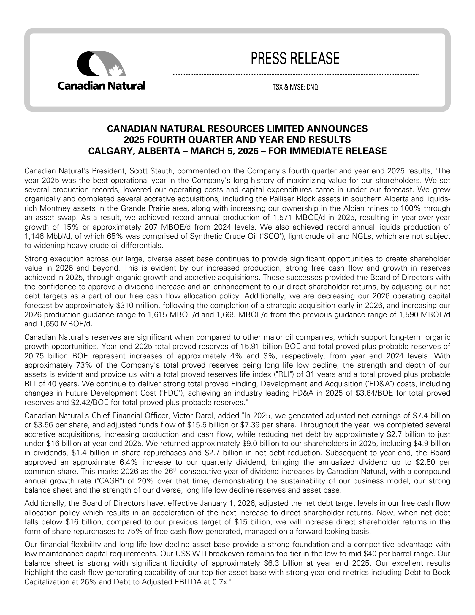 Canadian Natural Resources' Q4 2025 Press Release