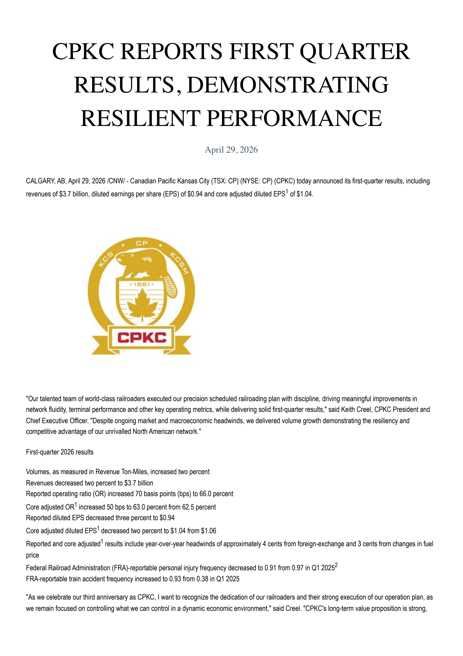 Canadian Pacific Kansas City's Q1 2026 Press Release