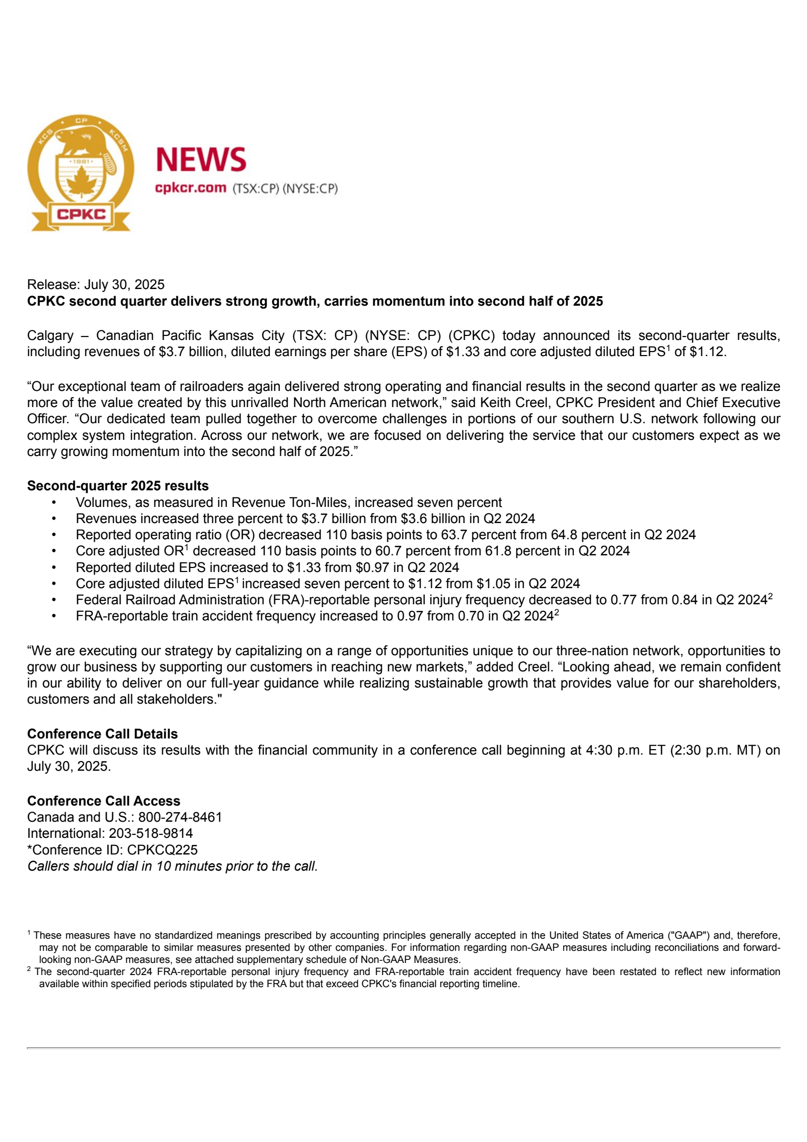 Canadian Pacific Kansas City's Q2 2025 Press Release