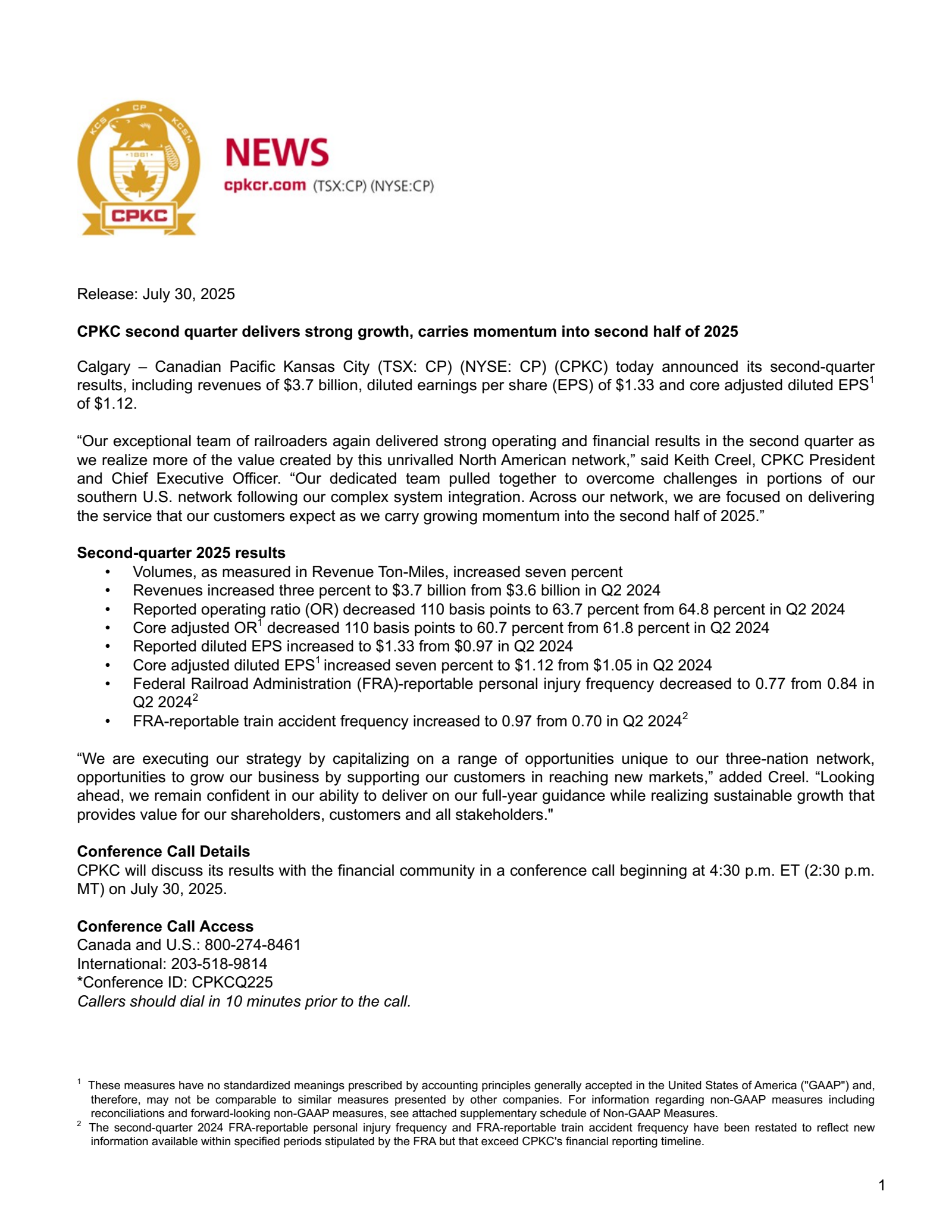 Canadian Pacific Kansas City's Q2 2025 Press Release