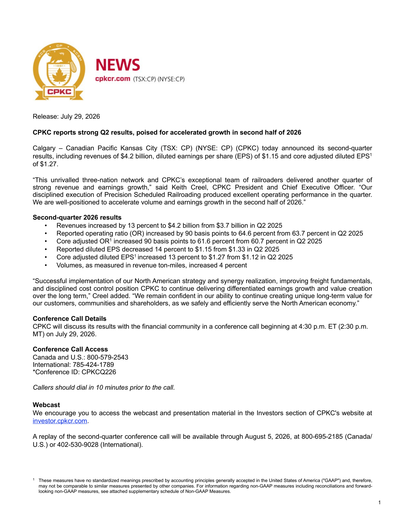 Canadian Pacific Kansas City's Q2 2026 Press Release
