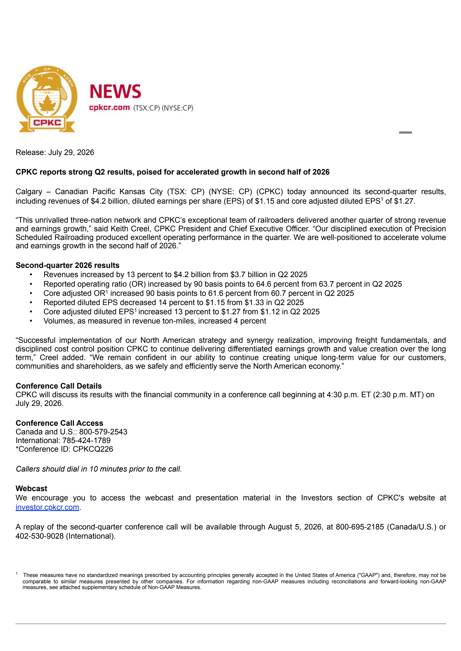 Canadian Pacific Kansas City's Q2 2026 Press Release
