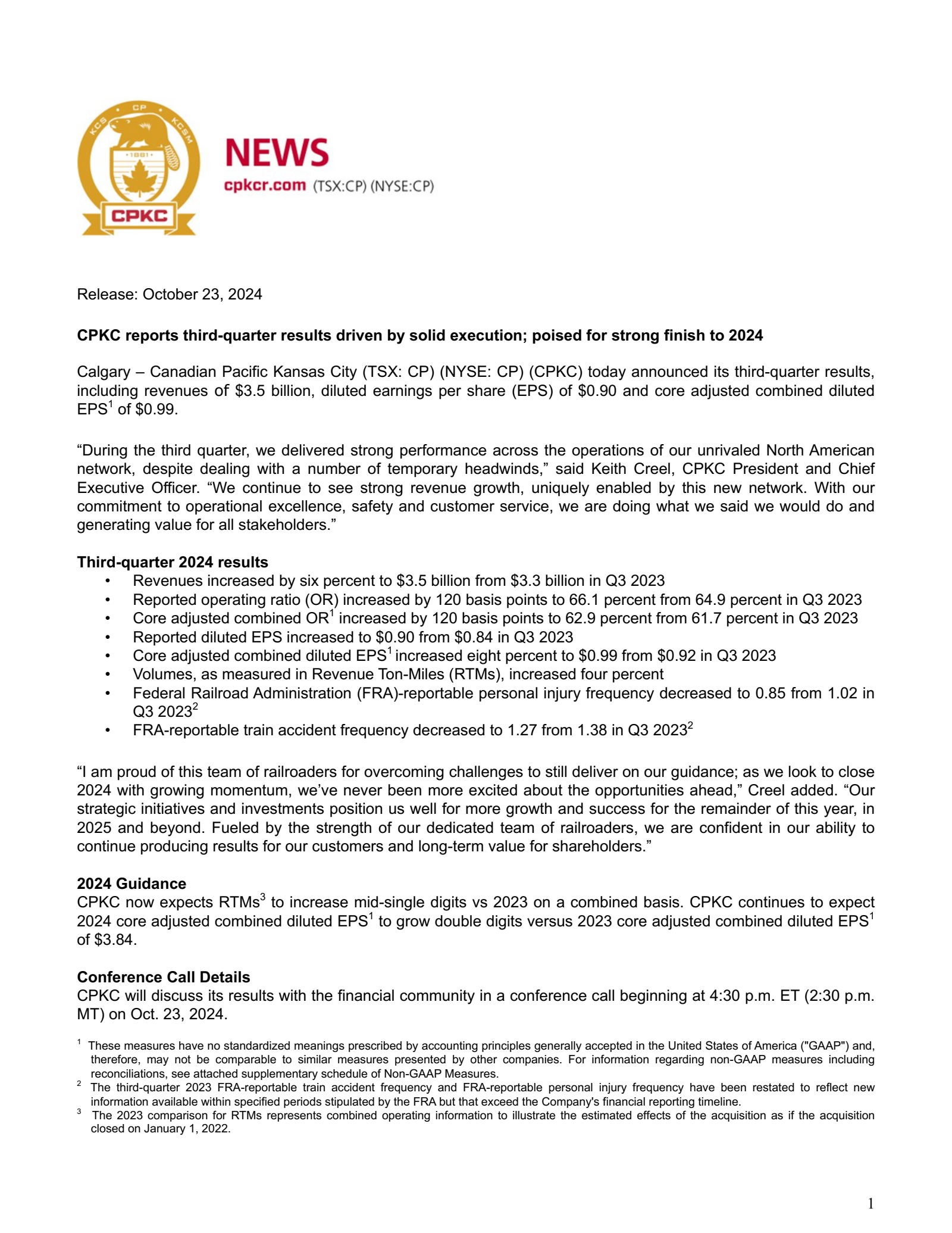 Canadian Pacific Kansas City's Q3 2024 Earnings Release