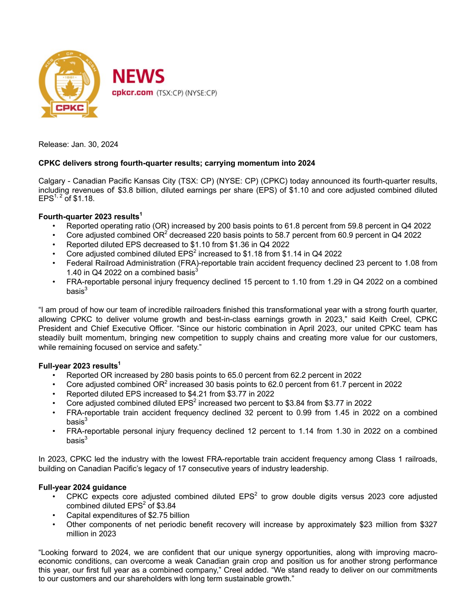 Canadian Pacific Kansas City's Q4 2023 Press Release