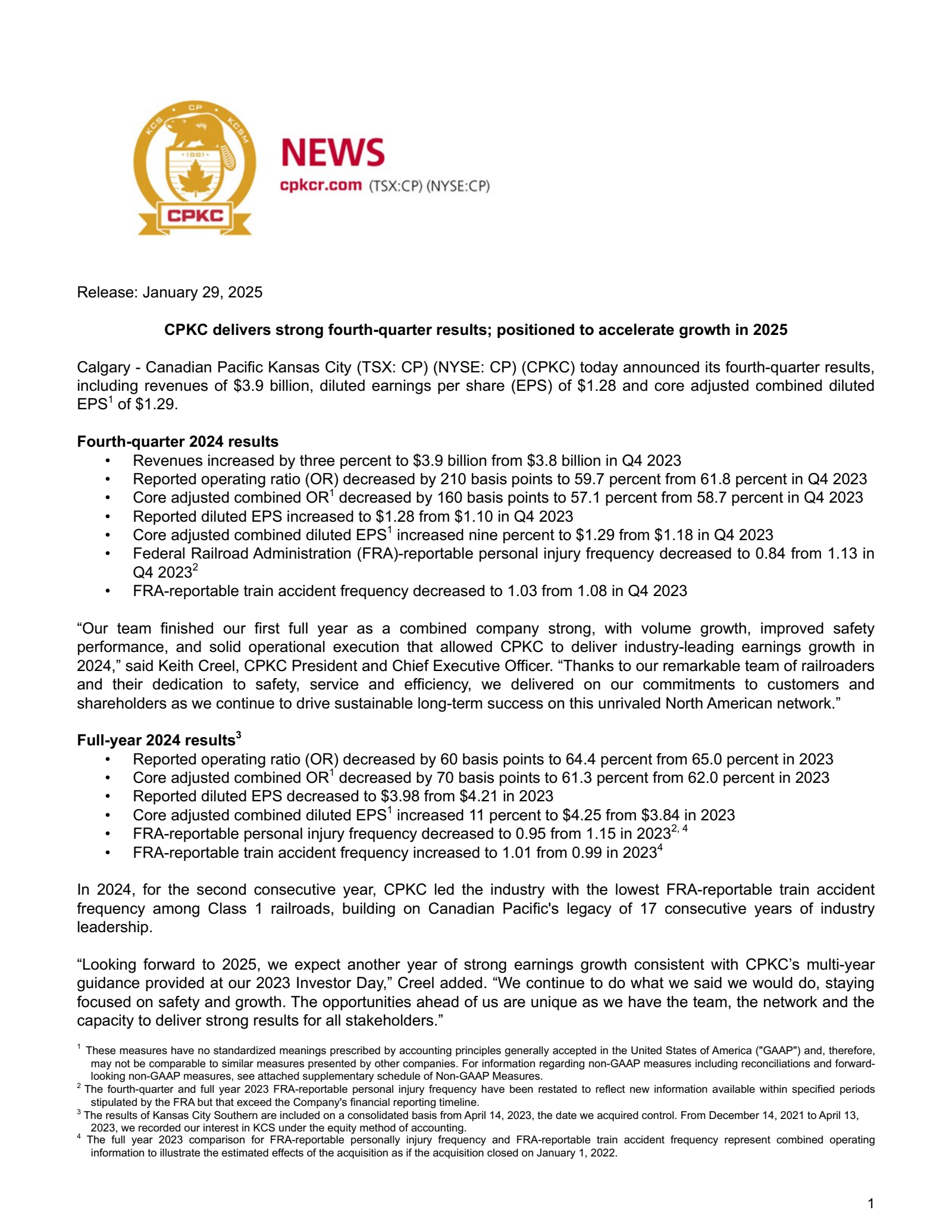 Canadian Pacific Kansas City's Q4 2024 Press Release