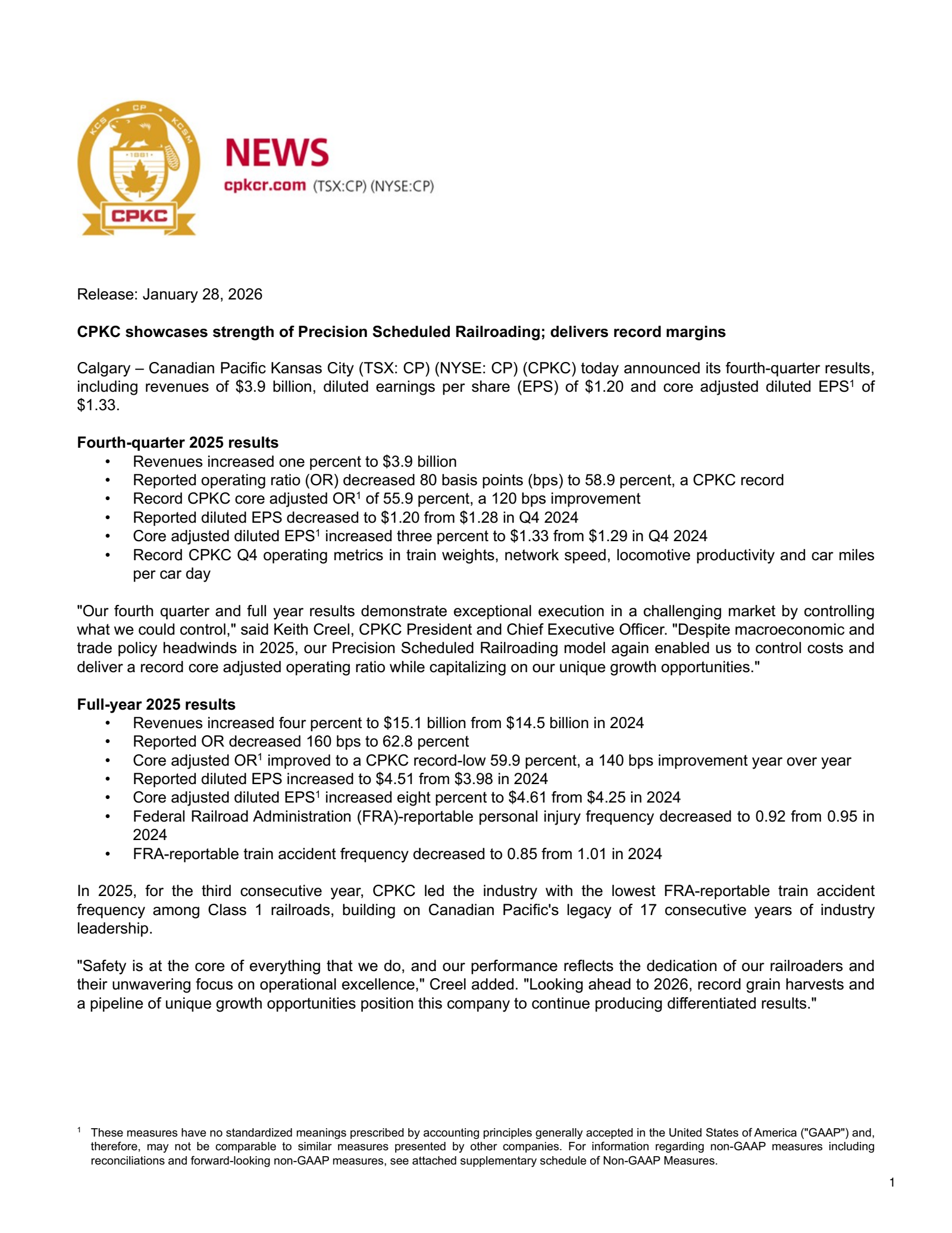 Canadian Pacific Kansas City's Q4 2025 Press Release