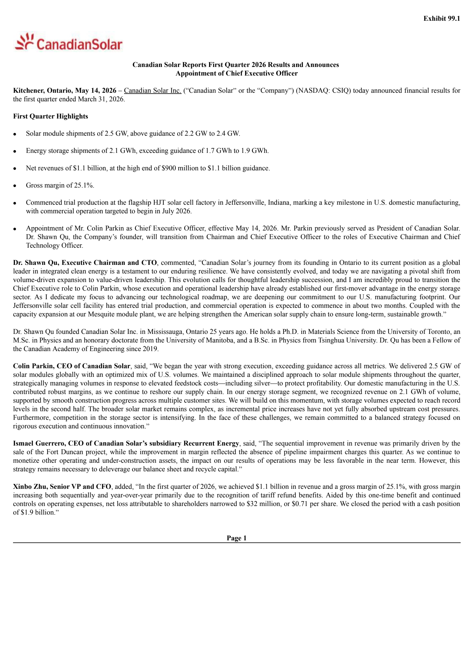 Canadian Solar's Q1 2026 Press Release