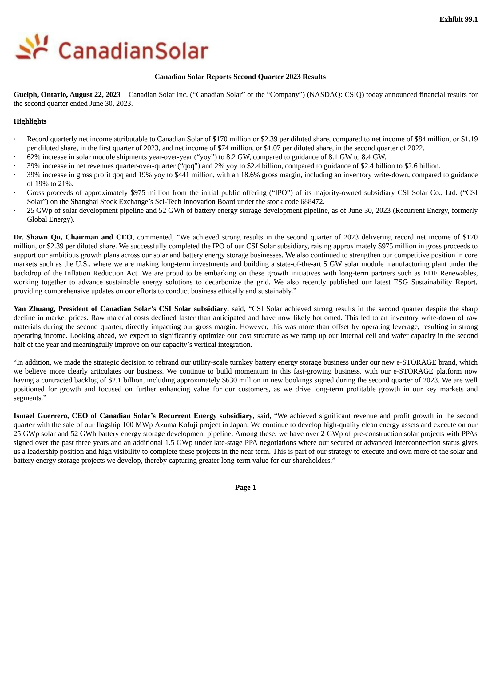 Canadian Solar's Q2 2023 Press Release