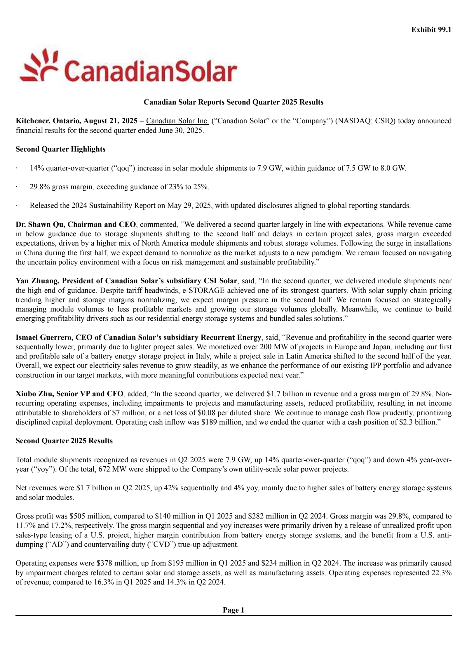 Canadian Solar's Q2 2025 Press Release